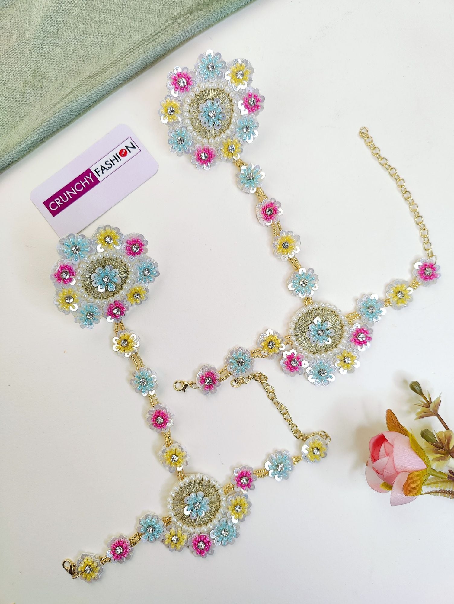 Bridal Bliss: Handmade Pink-Yellow-Blue Designer Carnival Set for Haldi Ceremony
