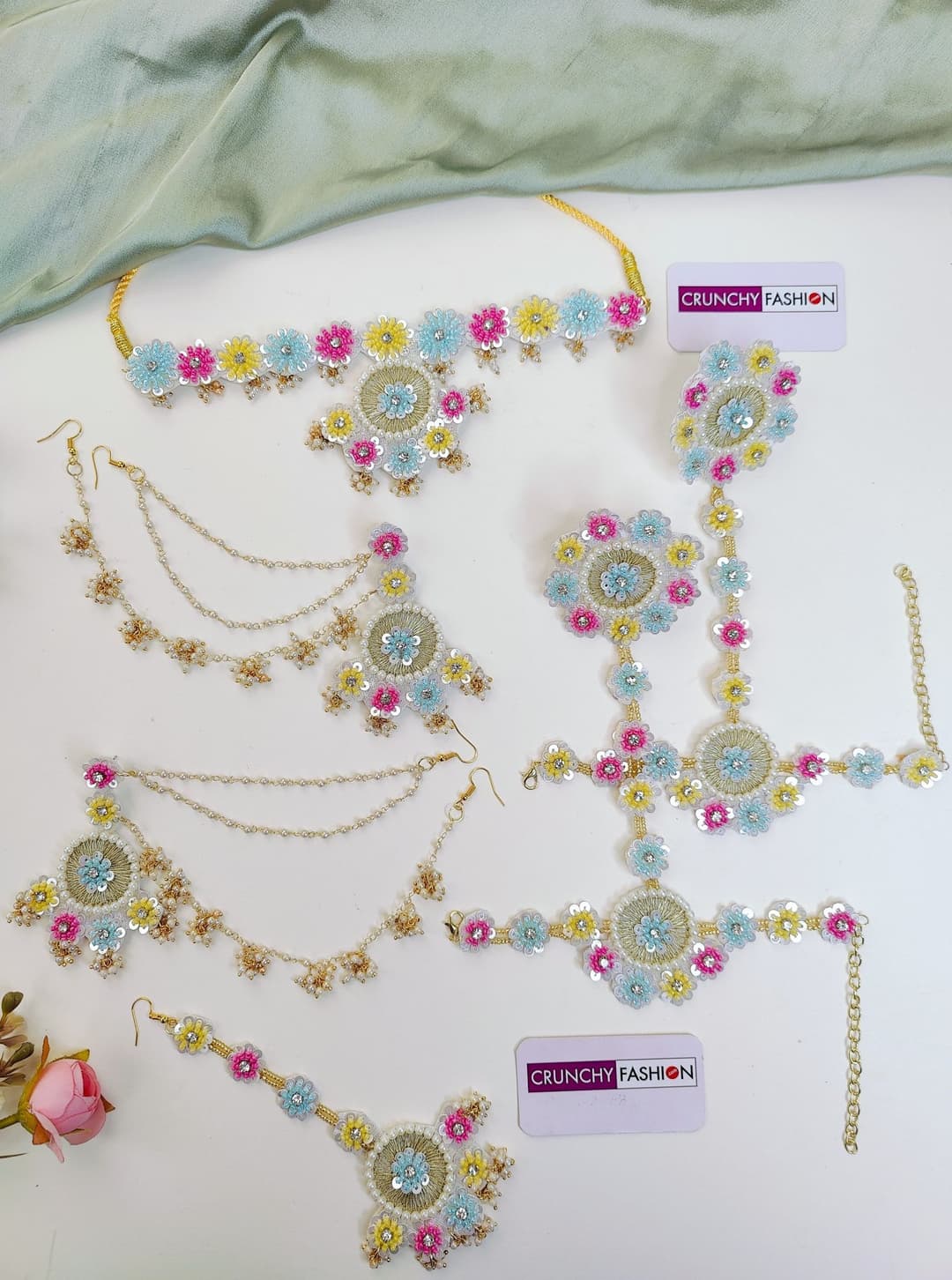 Bridal Bliss: Handmade Pink-Yellow-Blue Designer Carnival Set for Haldi Ceremony