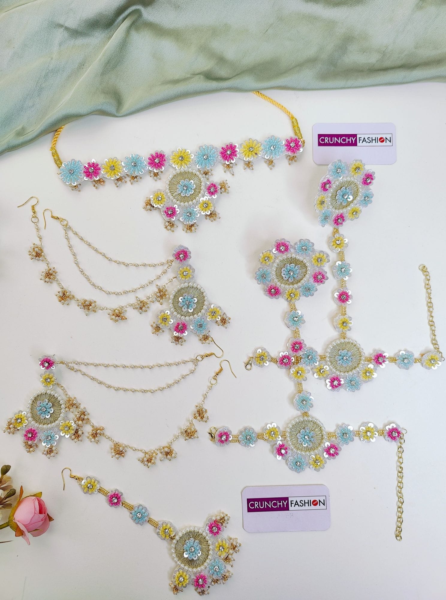 Bridal Bliss: Handmade Pink-Yellow-Blue Designer Carnival Set for Haldi Ceremony