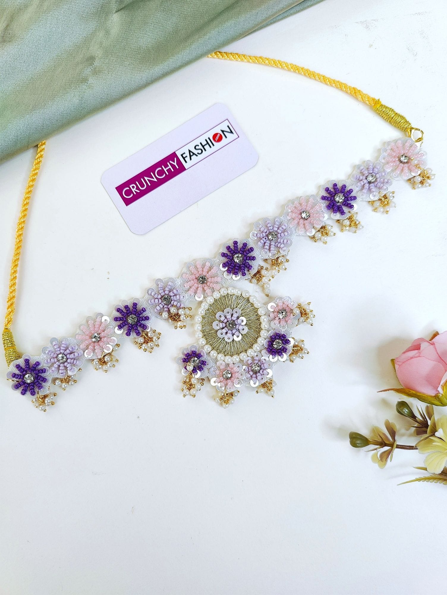 Lavender-Pink Handmade Floral Carnival Jewelry Set for Bridal Haldi Ceremony