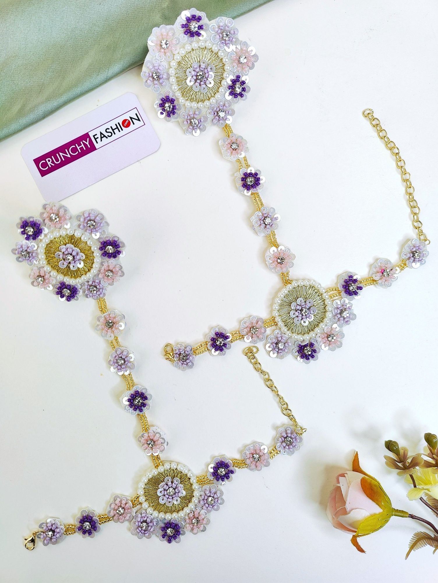 Lavender-Pink Handmade Floral Carnival Jewelry Set for Bridal Haldi Ceremony