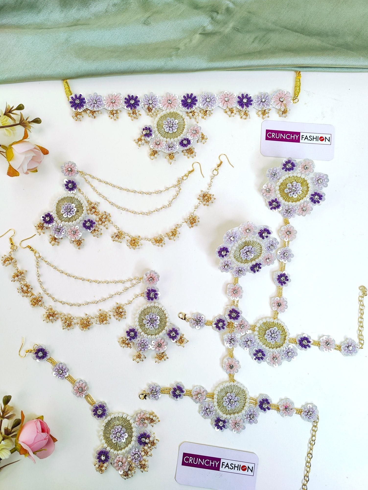 Lavender-Pink Handmade Floral Carnival Jewelry Set for Bridal Haldi Ceremony