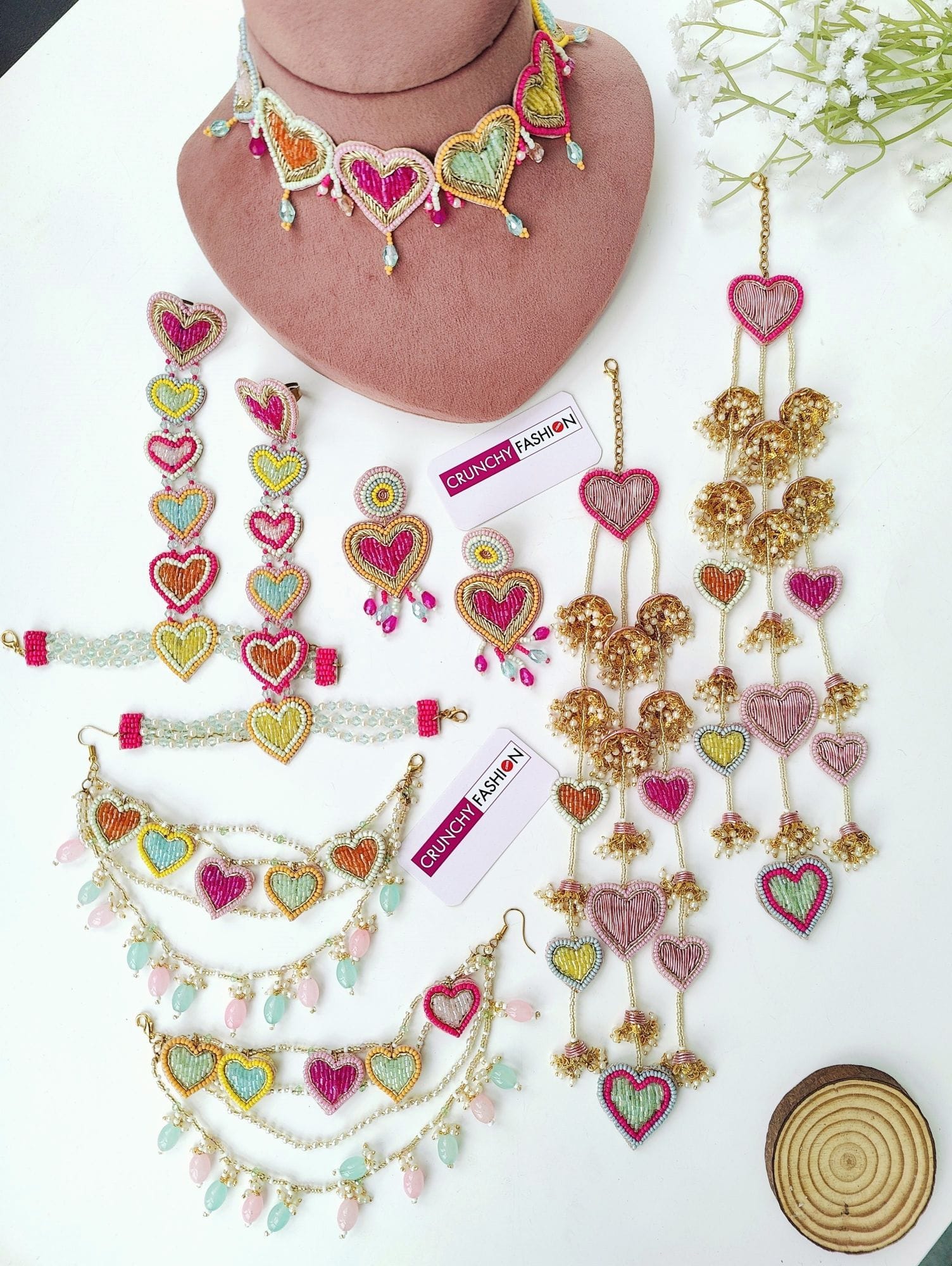 Pastel Hearts Carnival Bridal Jewellery Set in Pink Floral Design