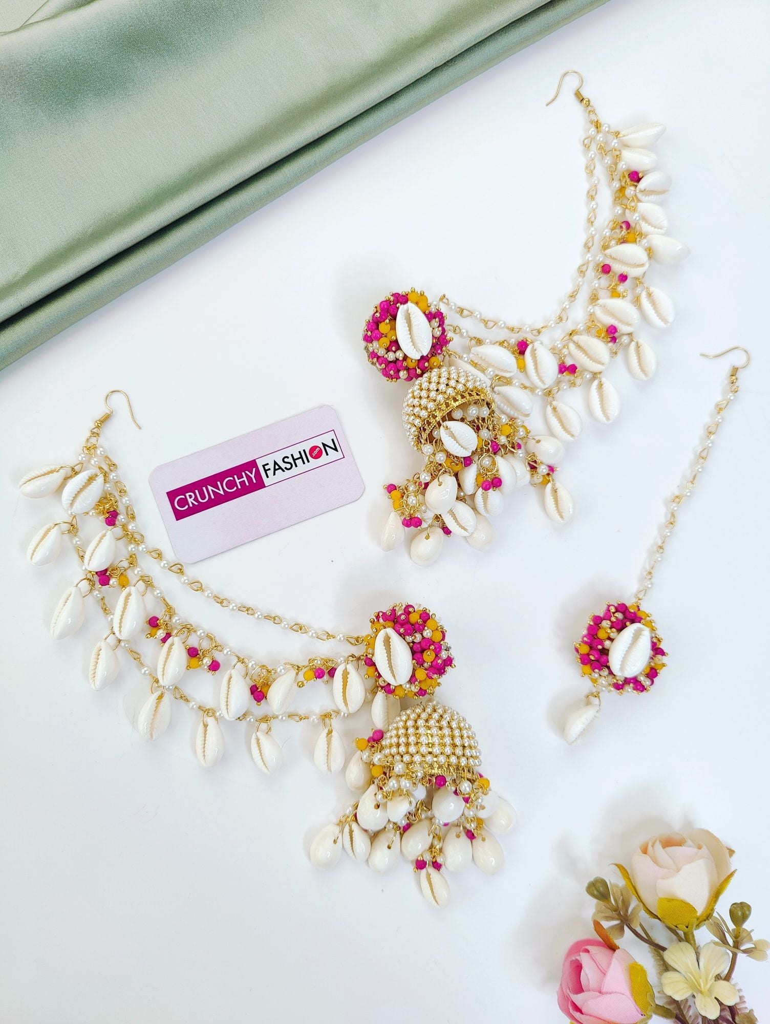 Pink Shell Flower Haldi Mehndi Jewellery Set