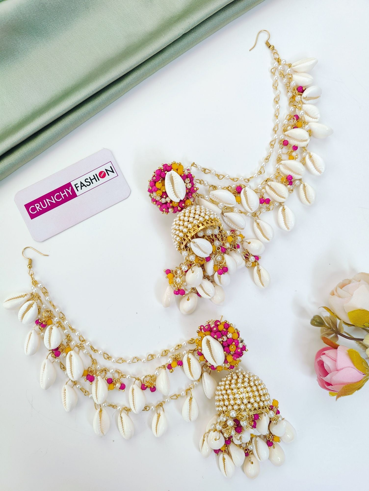 Pink Shell Flower Haldi Mehndi Jewellery Set