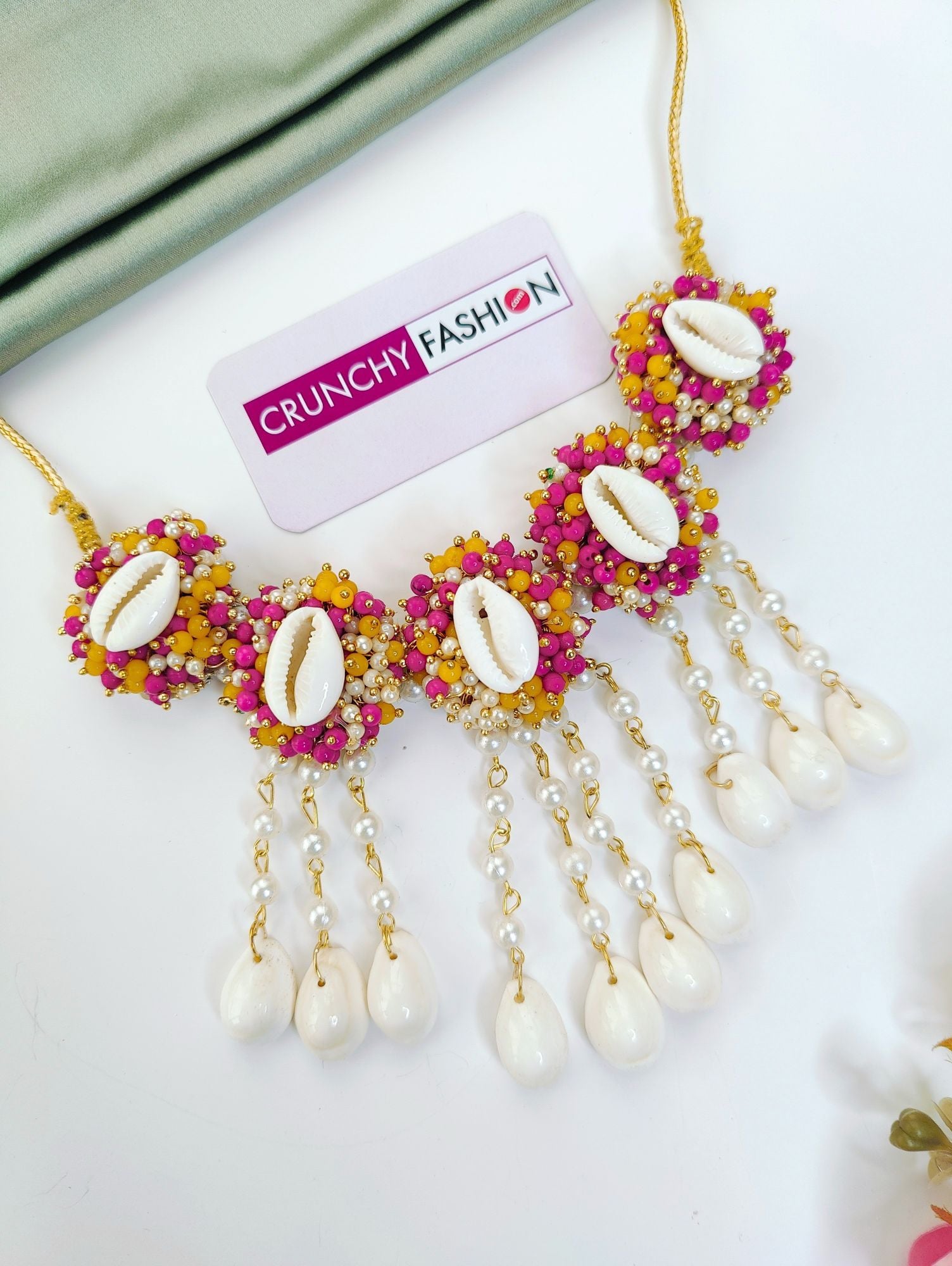 Pink Shell Flower Haldi Mehndi Jewellery Set