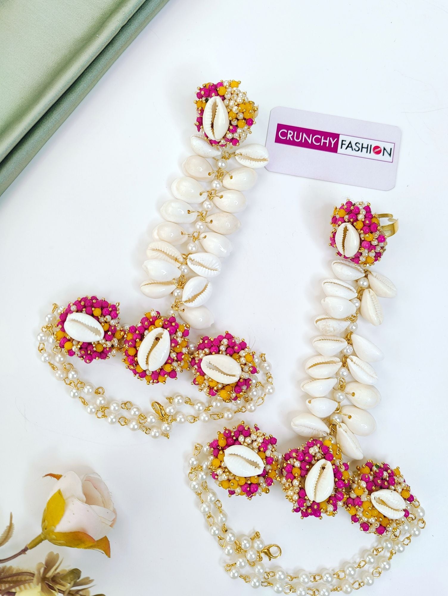 Pink Shell Flower Haldi Mehndi Jewellery Set