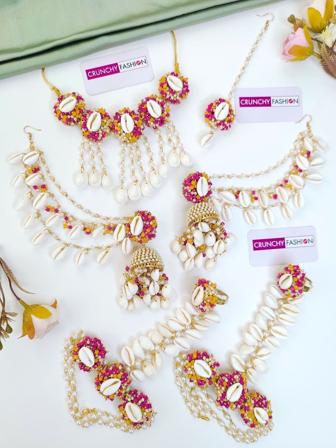 Pink Shell Flower Haldi Mehndi Jewellery Set