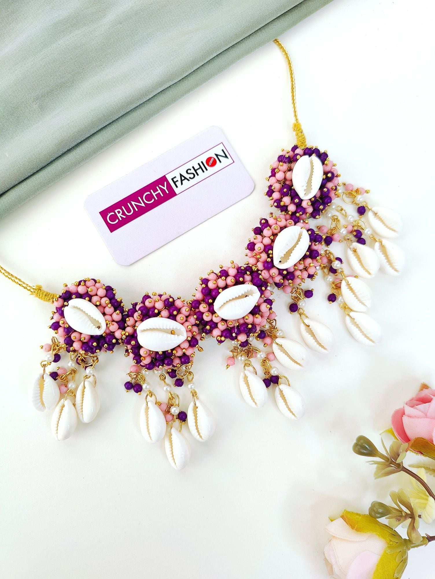 Lavender-Pink Haldi Sea Shell Flower Jewellery Set