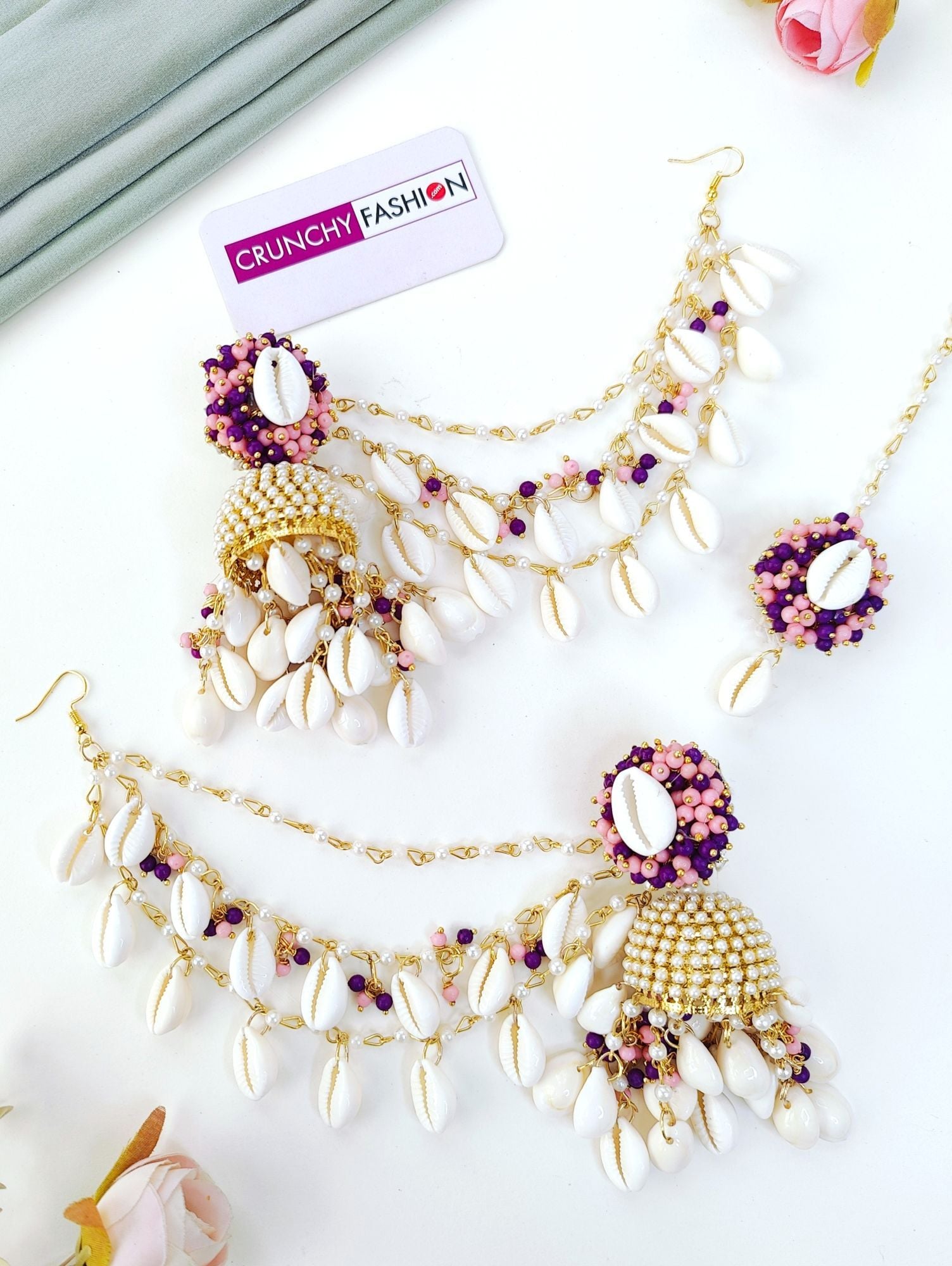 Lavender-Pink Haldi Sea Shell Flower Jewellery Set