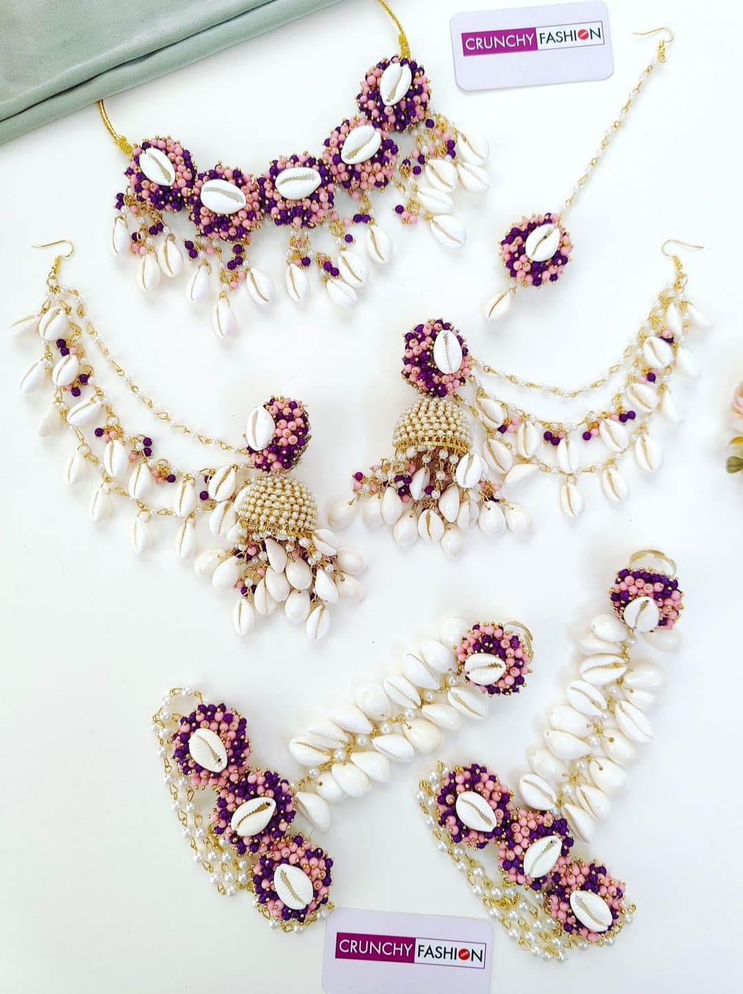 Lavender-Pink Haldi Sea Shell Flower Jewellery Set