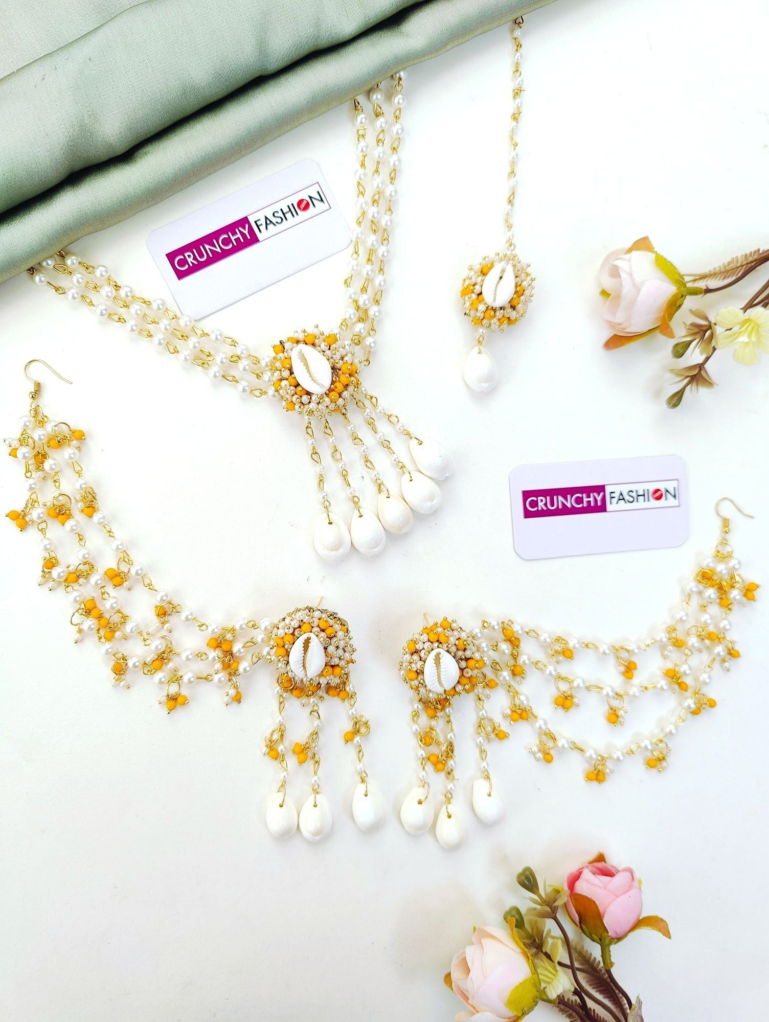 Handmade Cowrie Shell Haldi Jewellery Set with Pearl Beads