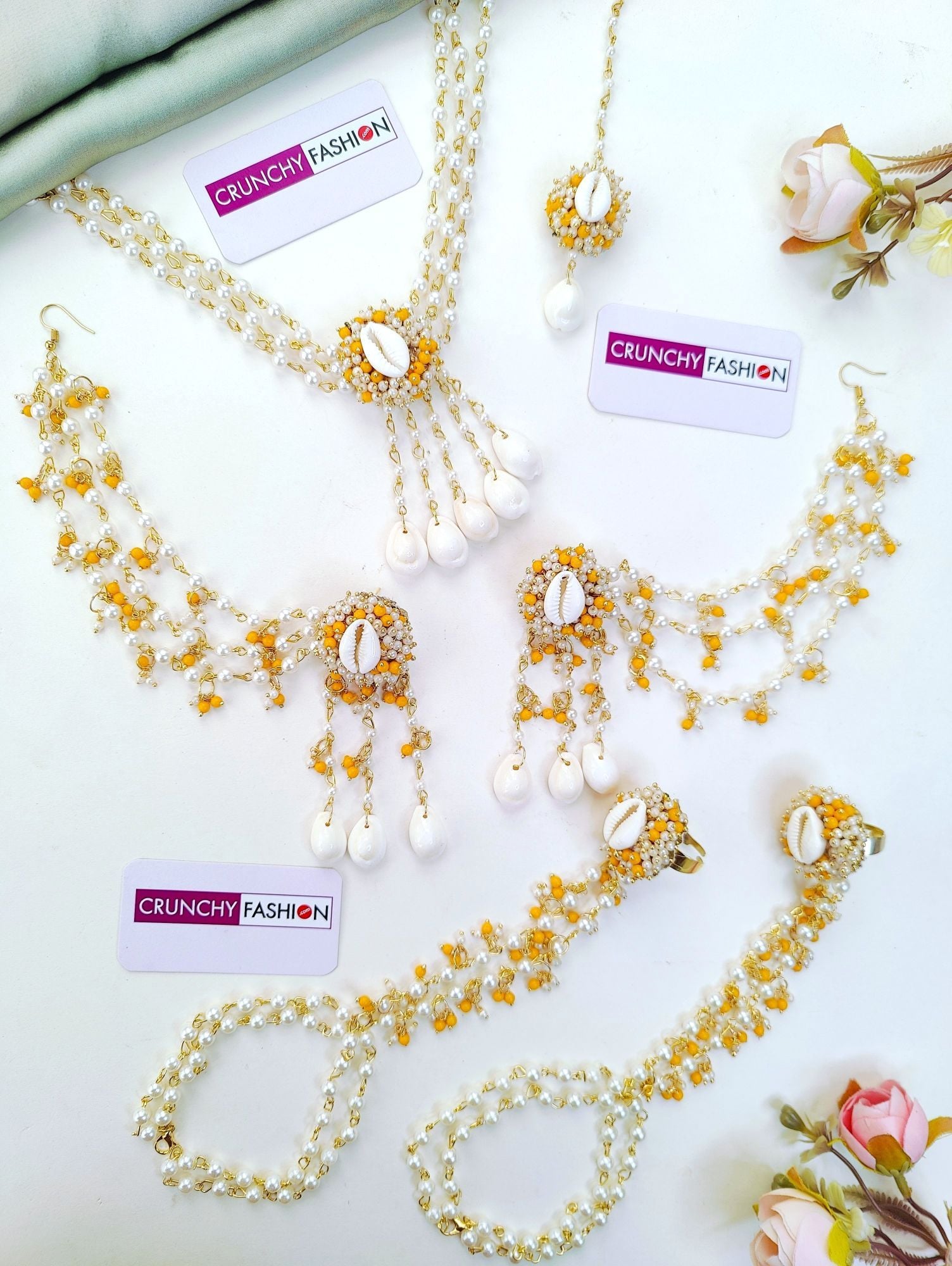 Handmade Cowrie Shell Haldi Jewellery Set with Pearl Beads