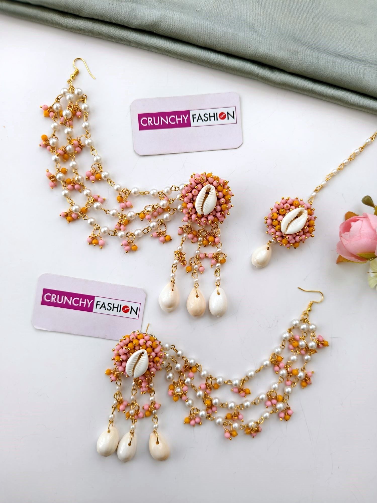 Yellow Pink Pearl Seashell Haldi Jewelry Set