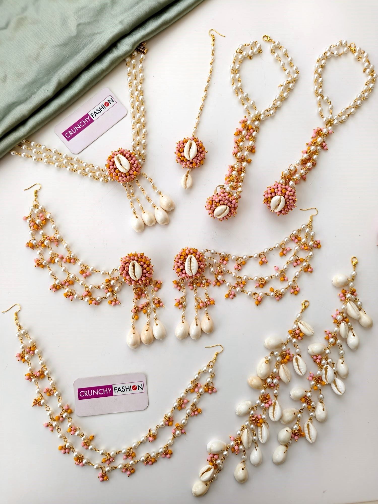 Yellow Pink Pearl Seashell Haldi Jewelry Set