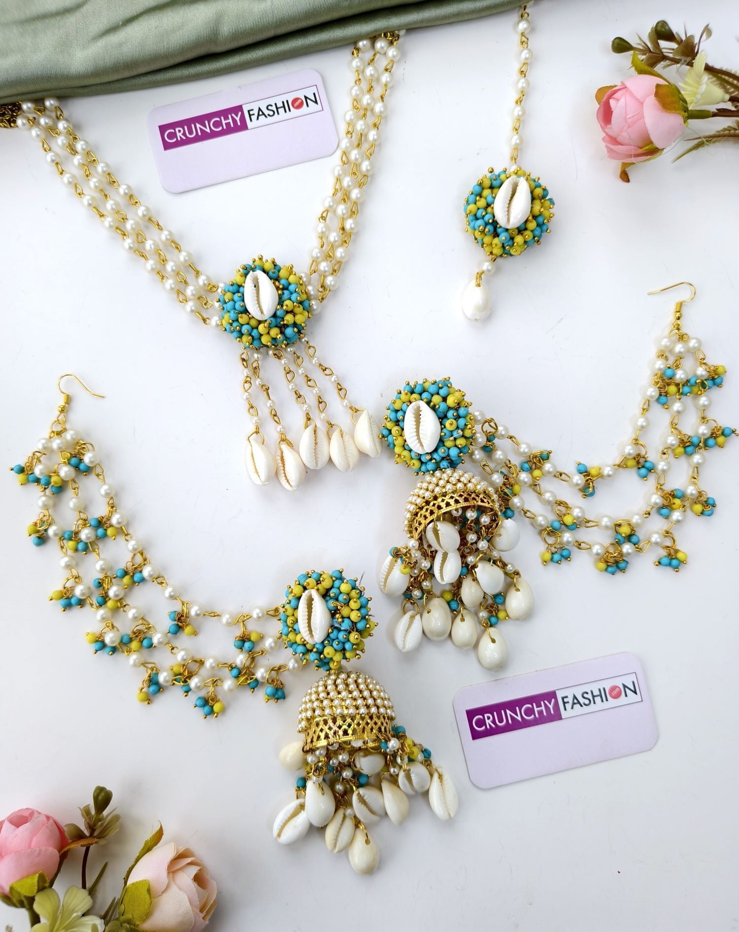 Sky Blue Pearl & Cowrie Seashell Haldi Jewelry Set