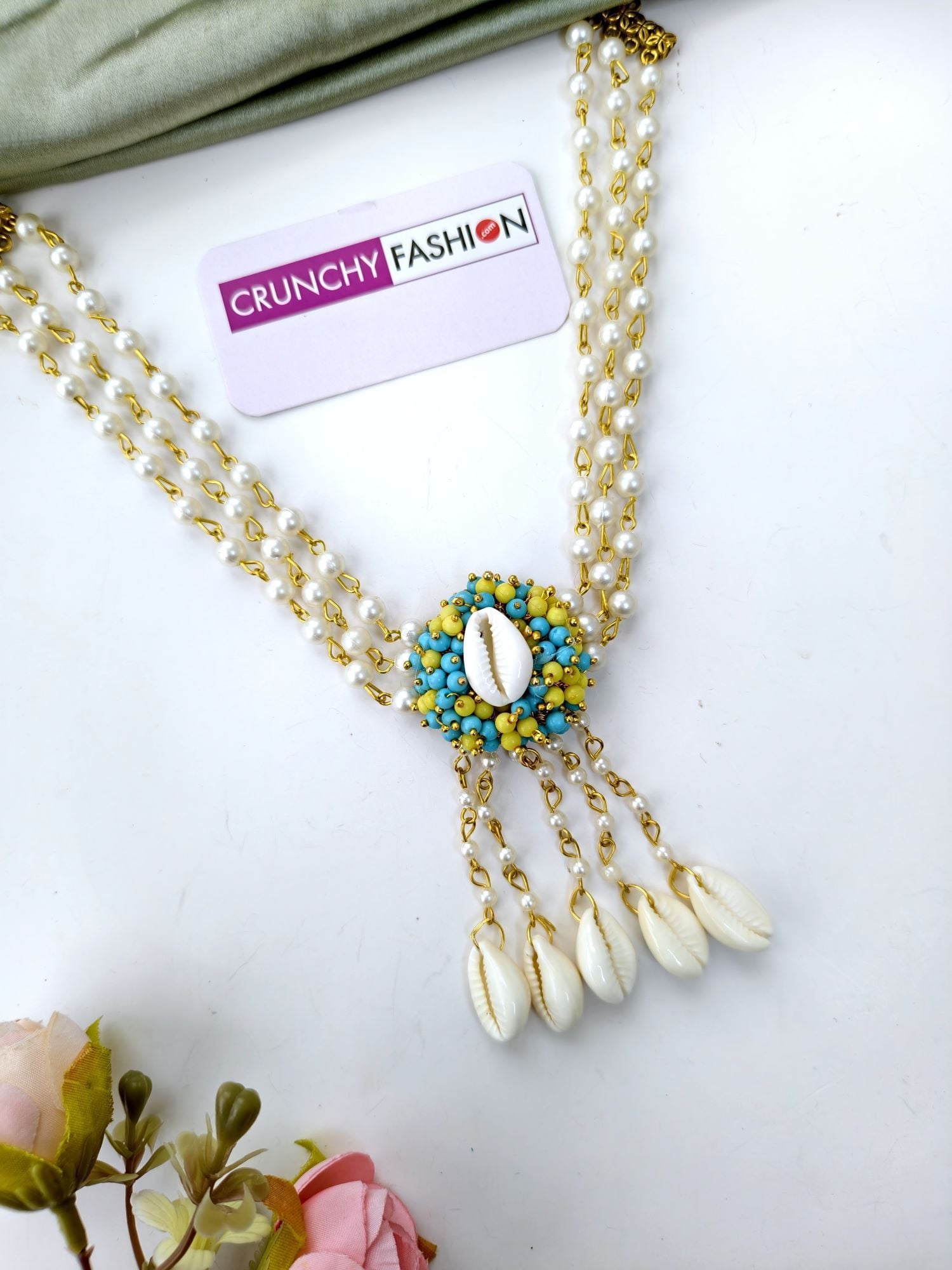 Sky Blue Pearl & Cowrie Seashell Haldi Jewelry Set