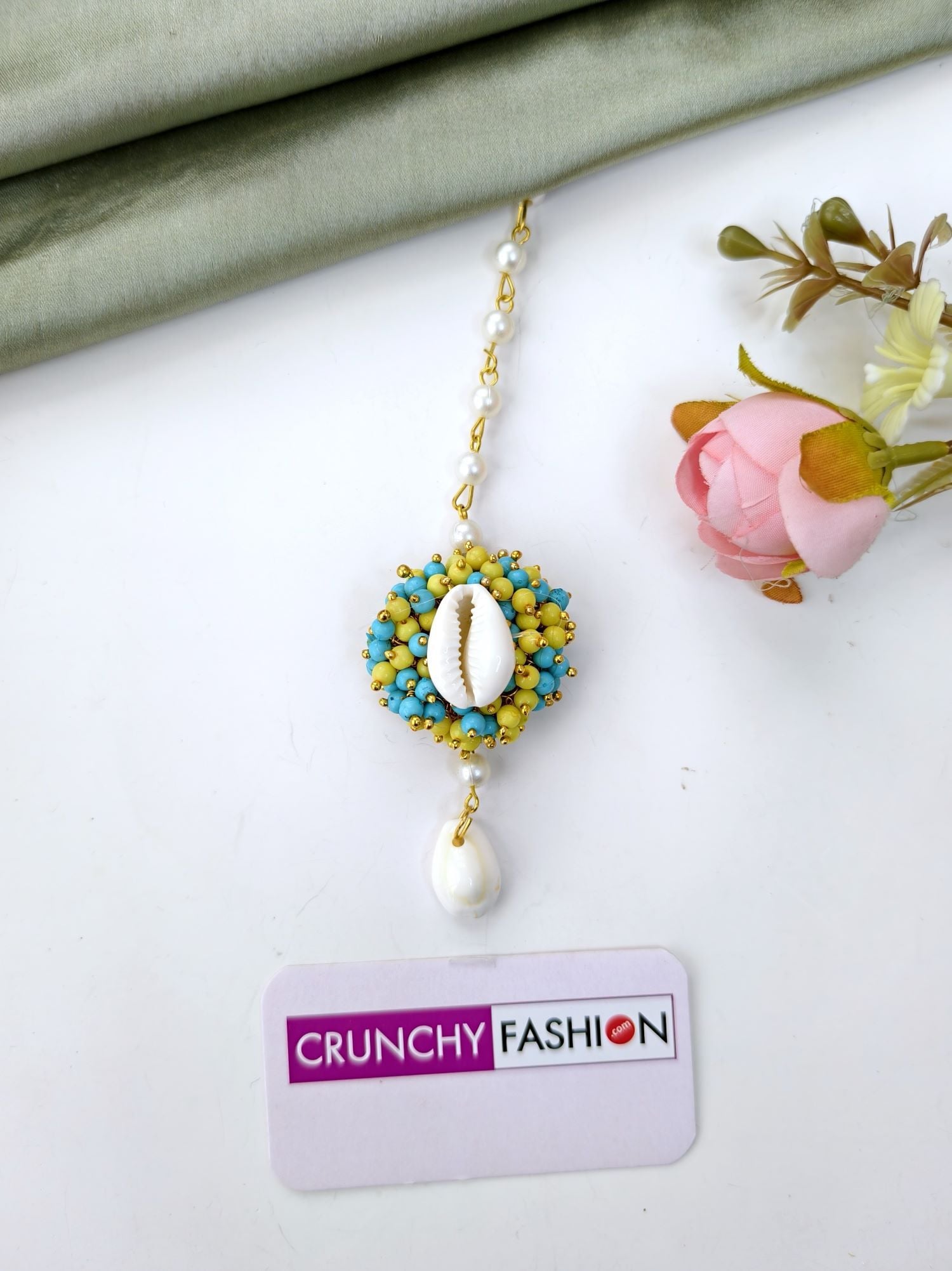 Sky Blue Pearl & Cowrie Seashell Haldi Jewelry Set