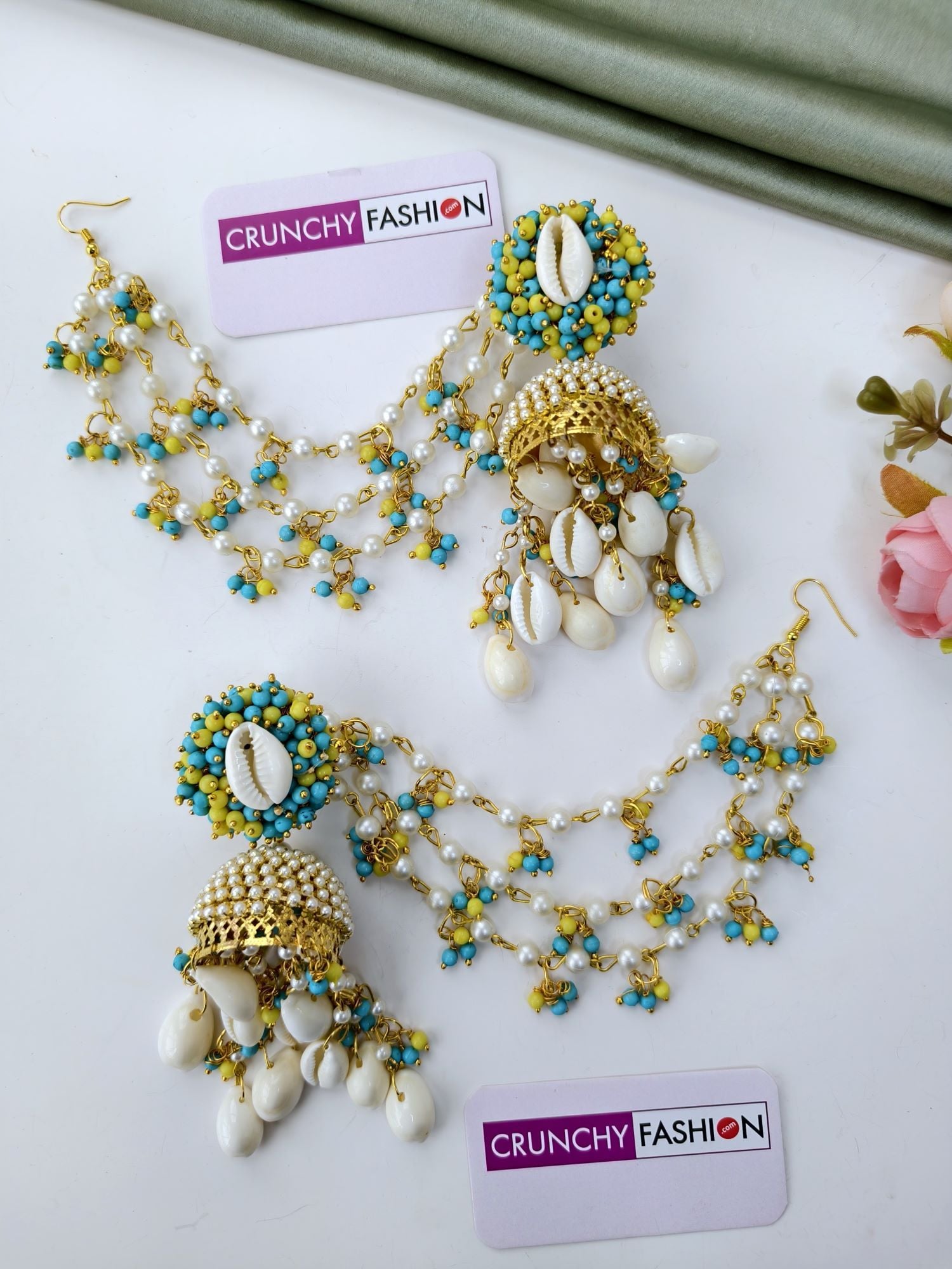 Sky Blue Pearl & Cowrie Seashell Haldi Jewelry Set