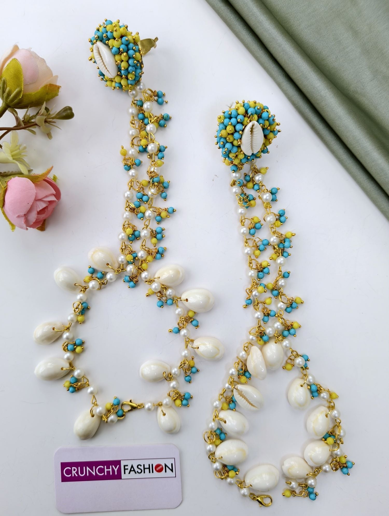 Sky Blue Pearl & Cowrie Seashell Haldi Jewelry Set