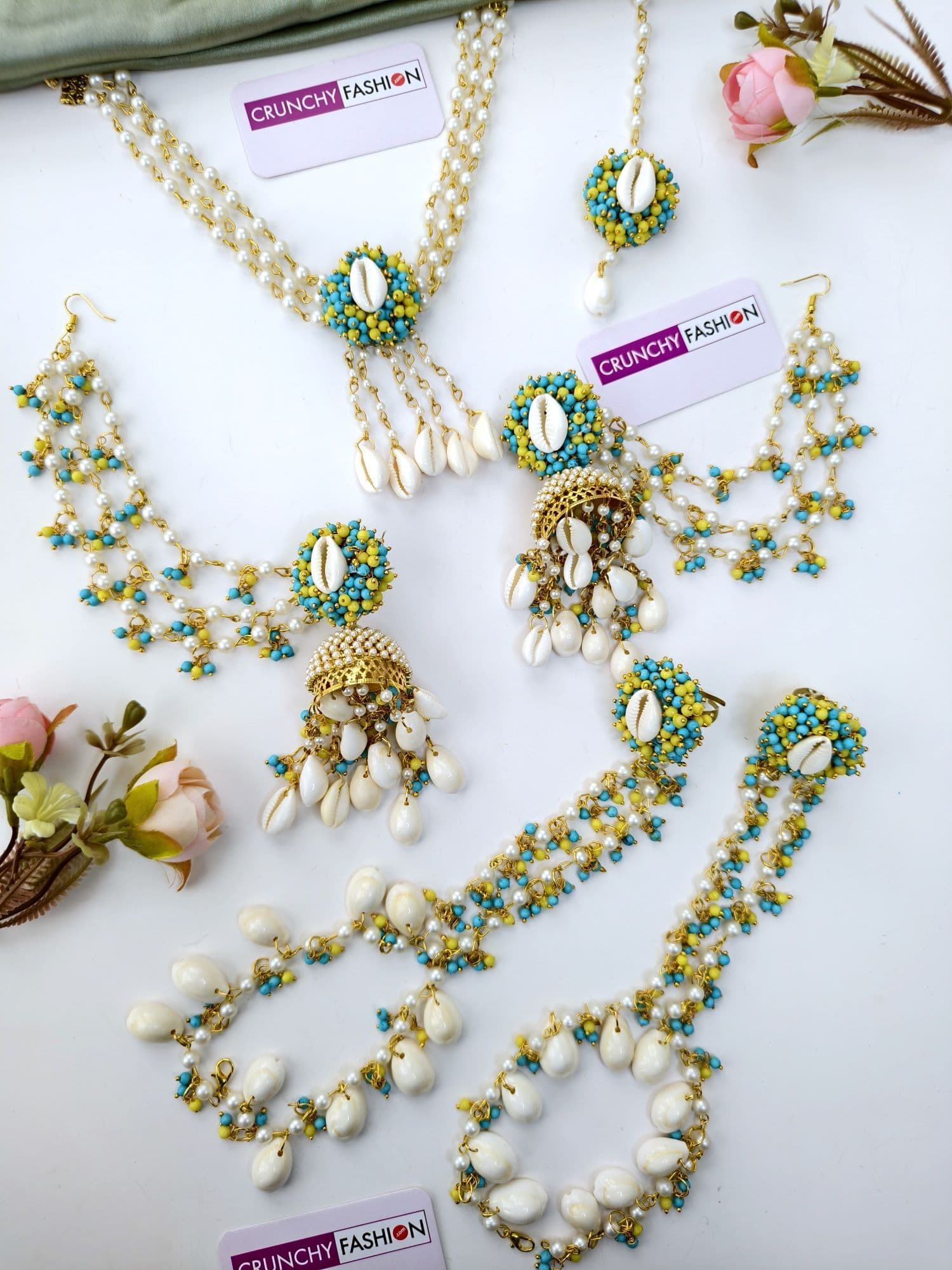 Sky Blue Pearl & Cowrie Seashell Haldi Jewelry Set