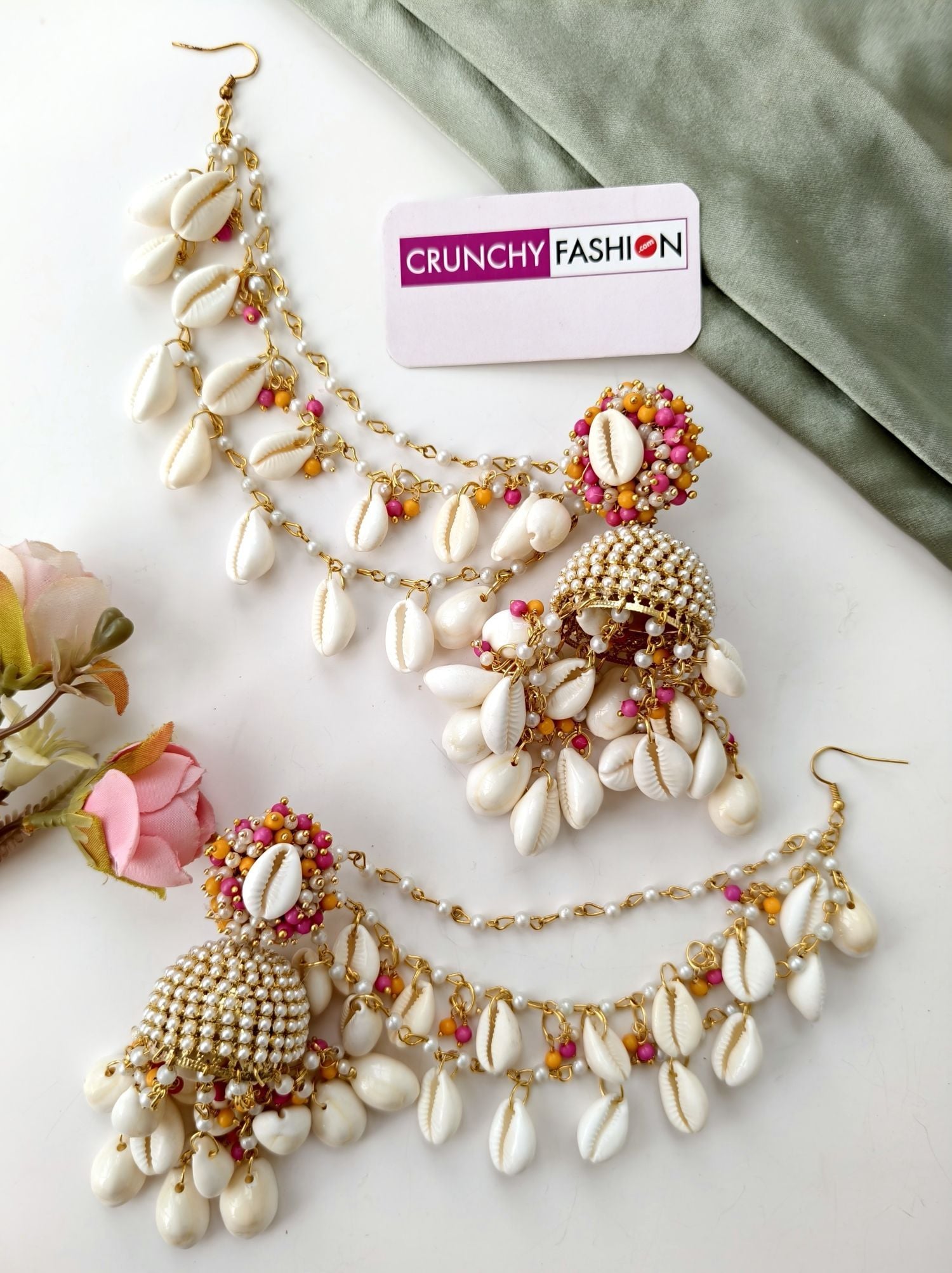 Pink Yellow Cowrie Sea Shell Haldi Mehendi Set