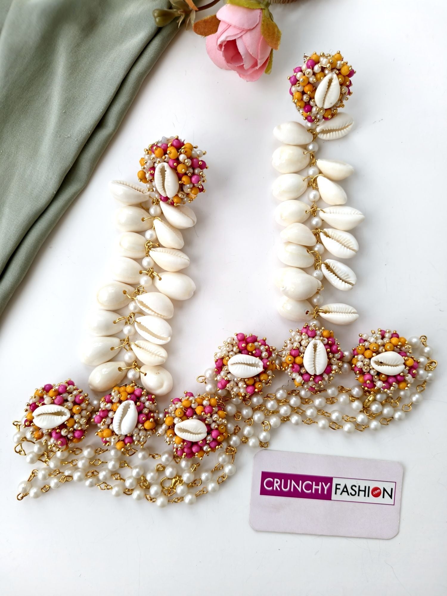 Pink Yellow Cowrie Sea Shell Haldi Mehendi Set