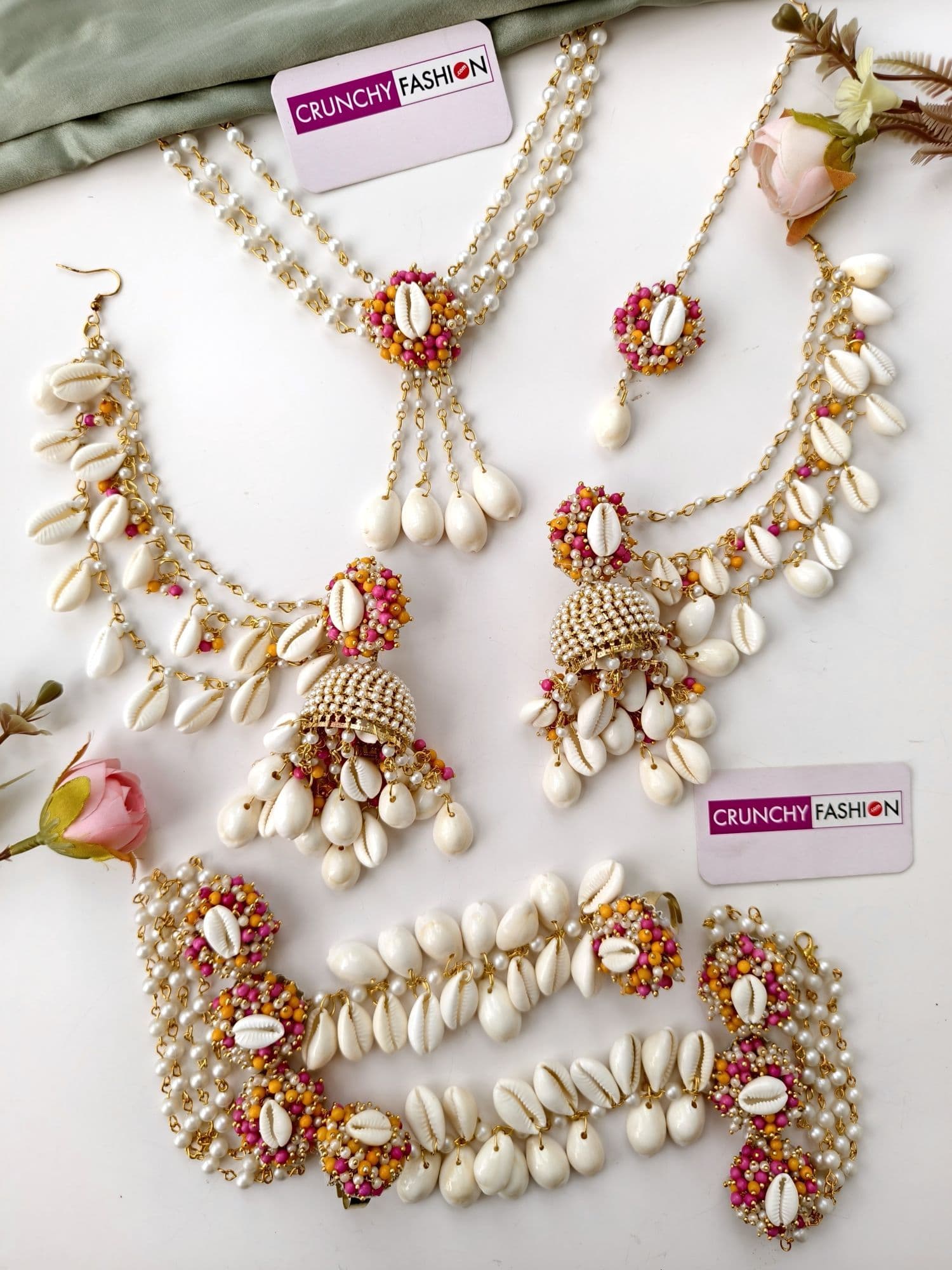 Pink Yellow Cowrie Sea Shell Haldi Mehendi Set