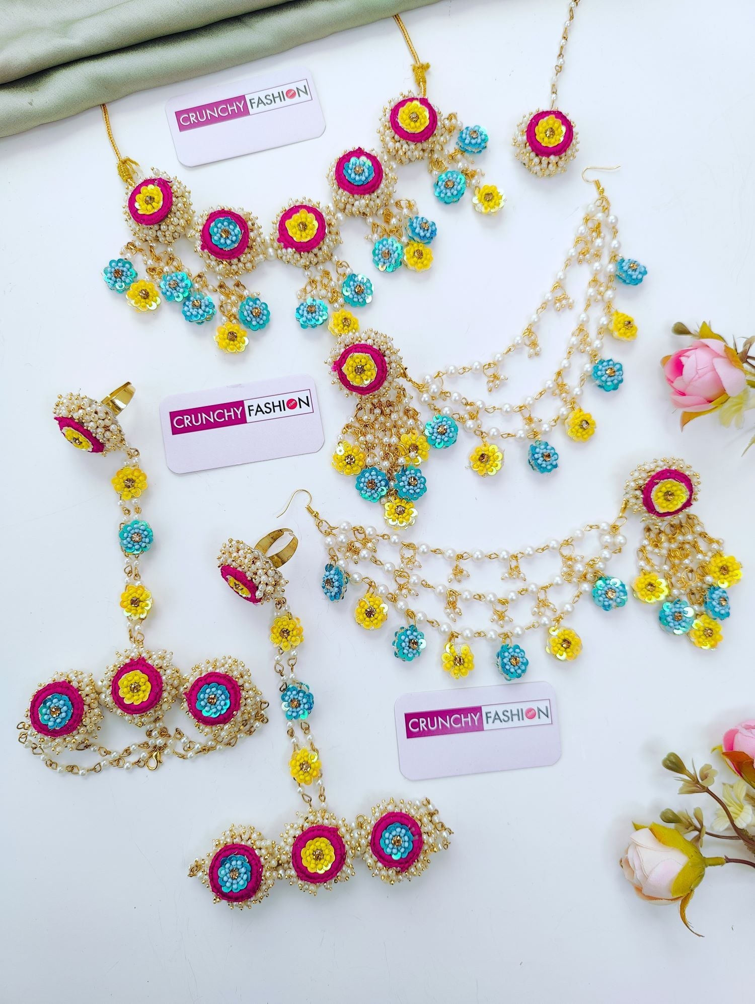Pink Yellow Sky Blue Haldi Floral Jewellery Set
