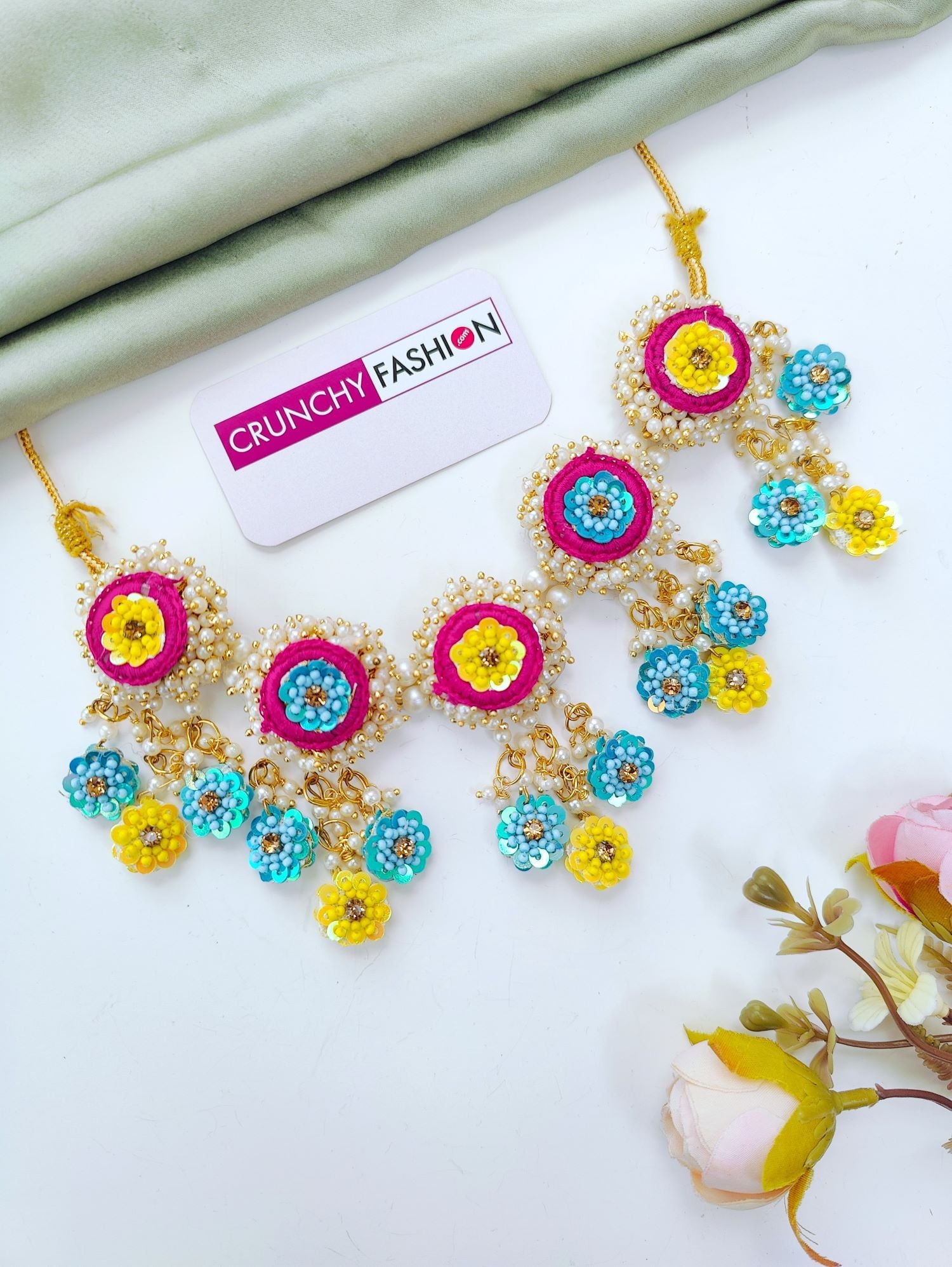 Pink Yellow Sky Blue Haldi Floral Jewellery Set