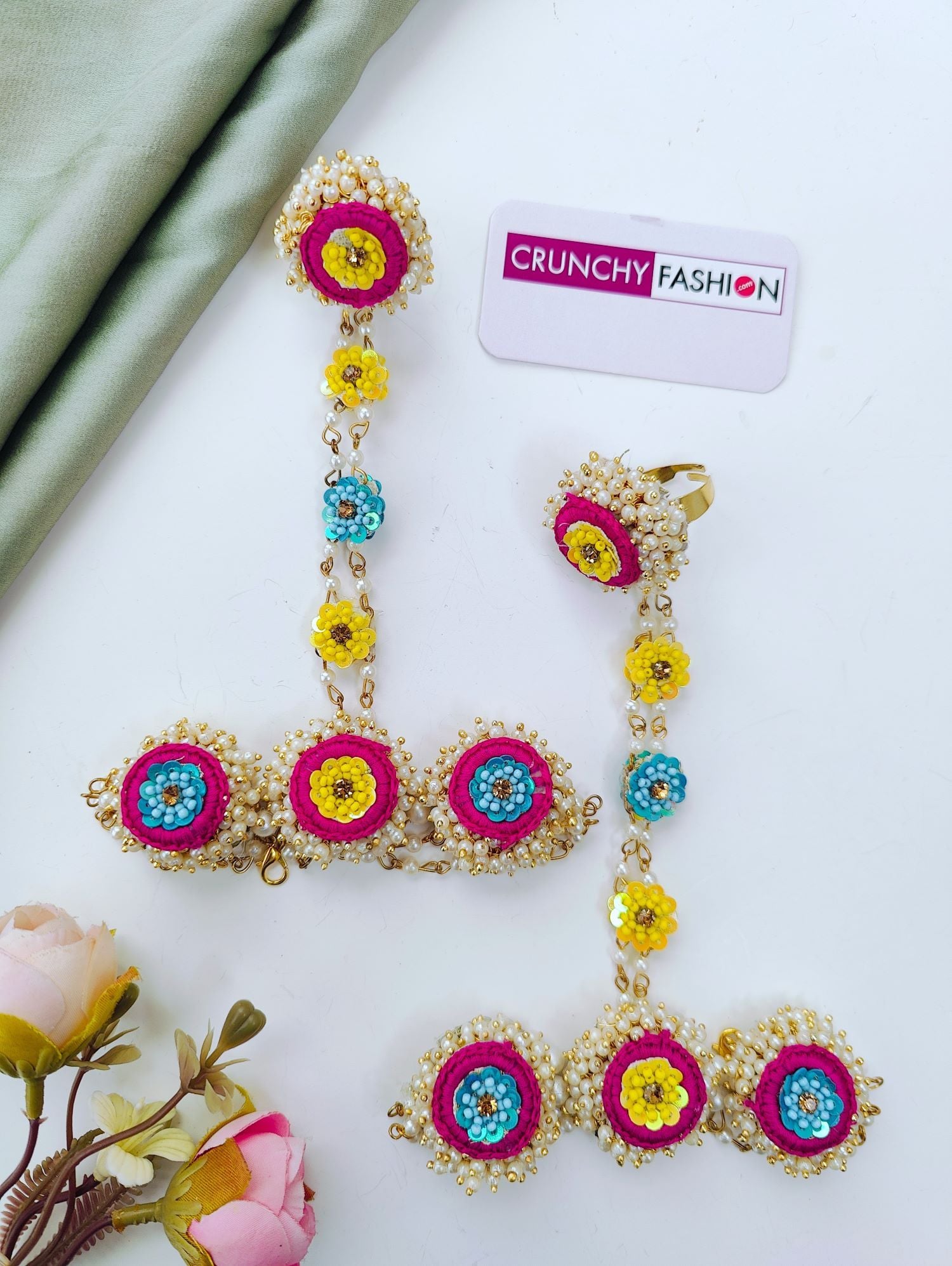 Pink Yellow Sky Blue Haldi Floral Jewellery Set