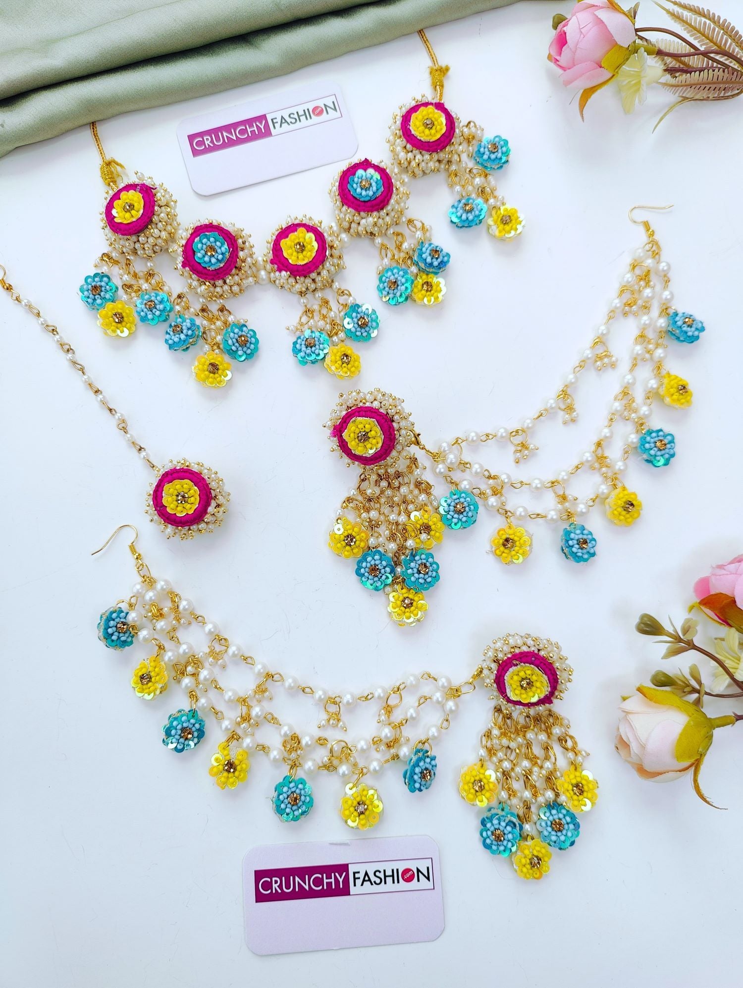 Pink Yellow Sky Blue Haldi Floral Jewellery Set