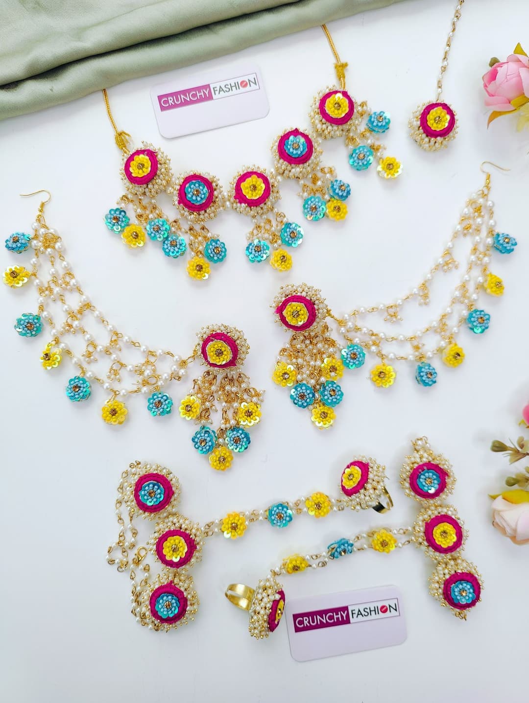 Pink Yellow Sky Blue Haldi Floral Jewellery Set