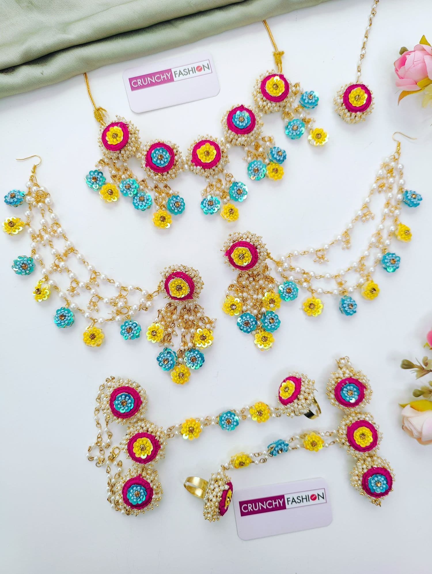 Pink Yellow Sky Blue Haldi Floral Jewellery Set