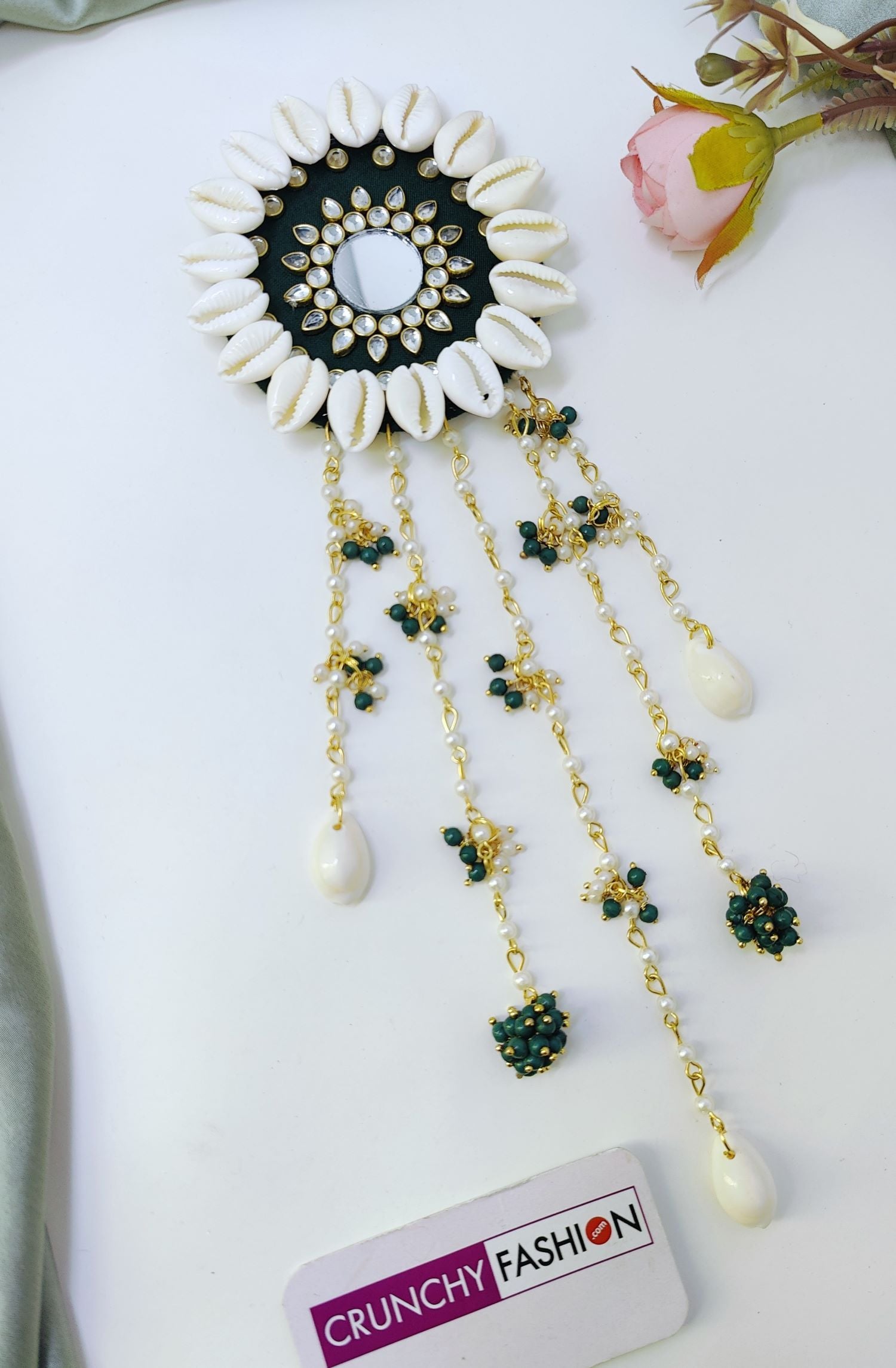 Green Floral Pearl Shell Hair Accessory for Mehndi
