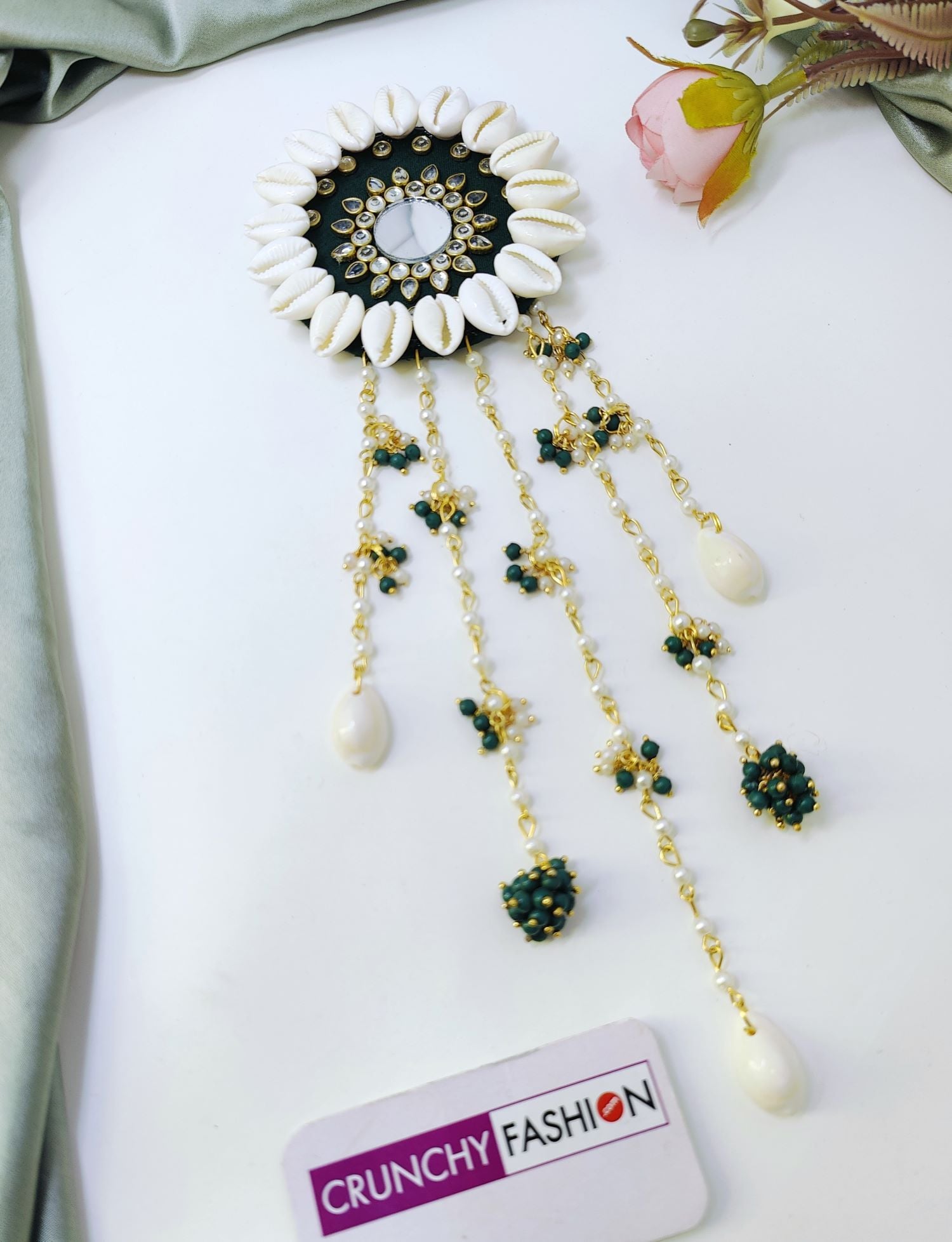 Green Floral Pearl Shell Hair Accessory for Mehndi