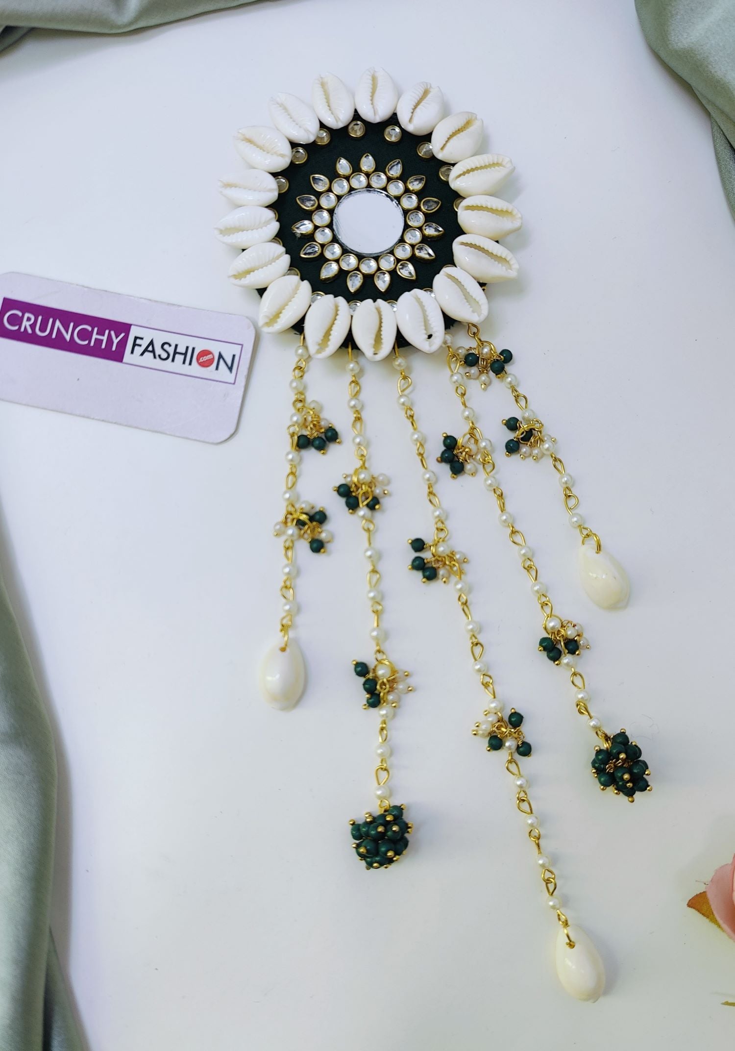 Green Floral Pearl Shell Hair Accessory for Mehndi