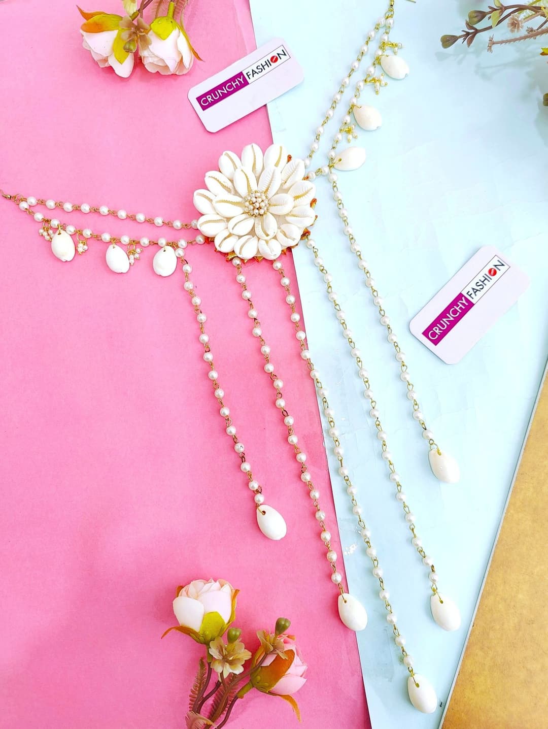 Bridal Cowrie Shell Hair Pin - Gold Floral Accessory for Haldi