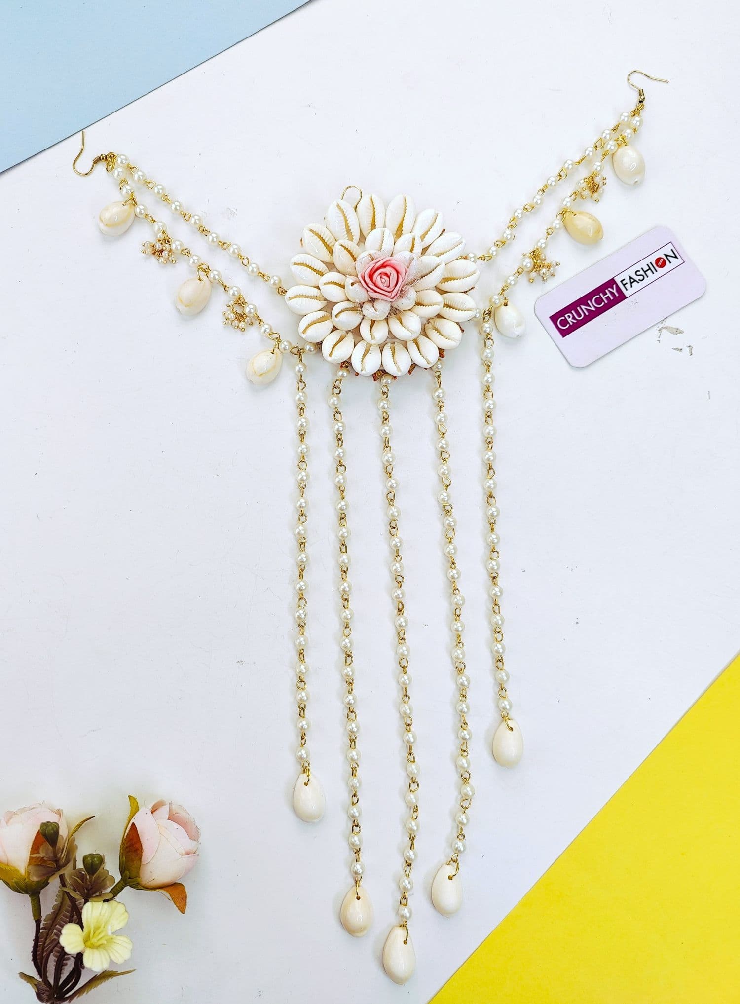 Yellow Gold-Plated Cowrie Shell Floral Hair Pin for Haldi and Wedding