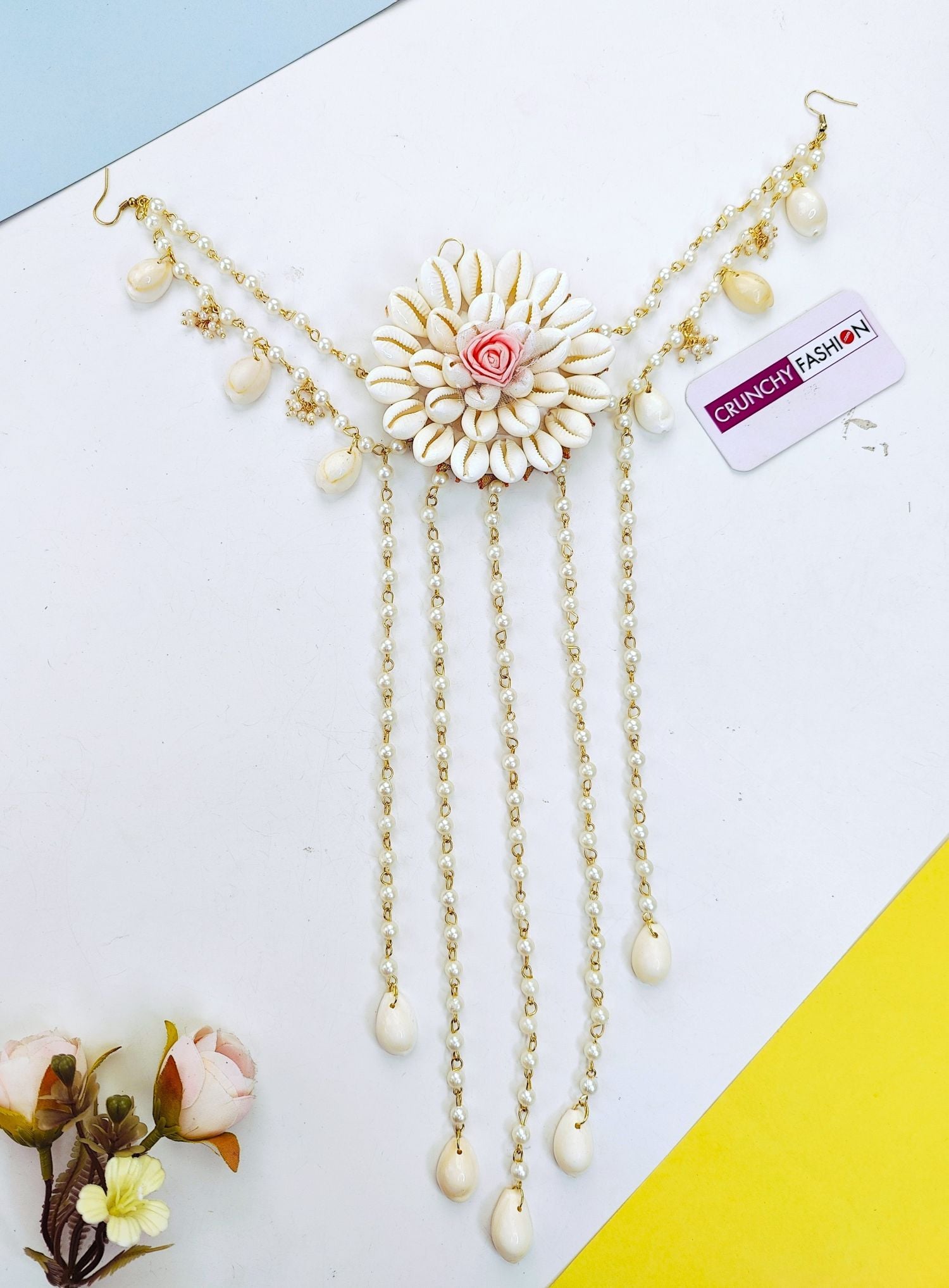 Yellow Gold-Plated Cowrie Shell Floral Hair Pin for Haldi and Wedding