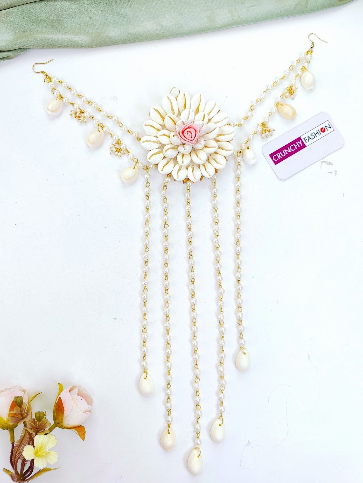 Yellow Gold-Plated Cowrie Shell Floral Hair Pin for Haldi and Wedding