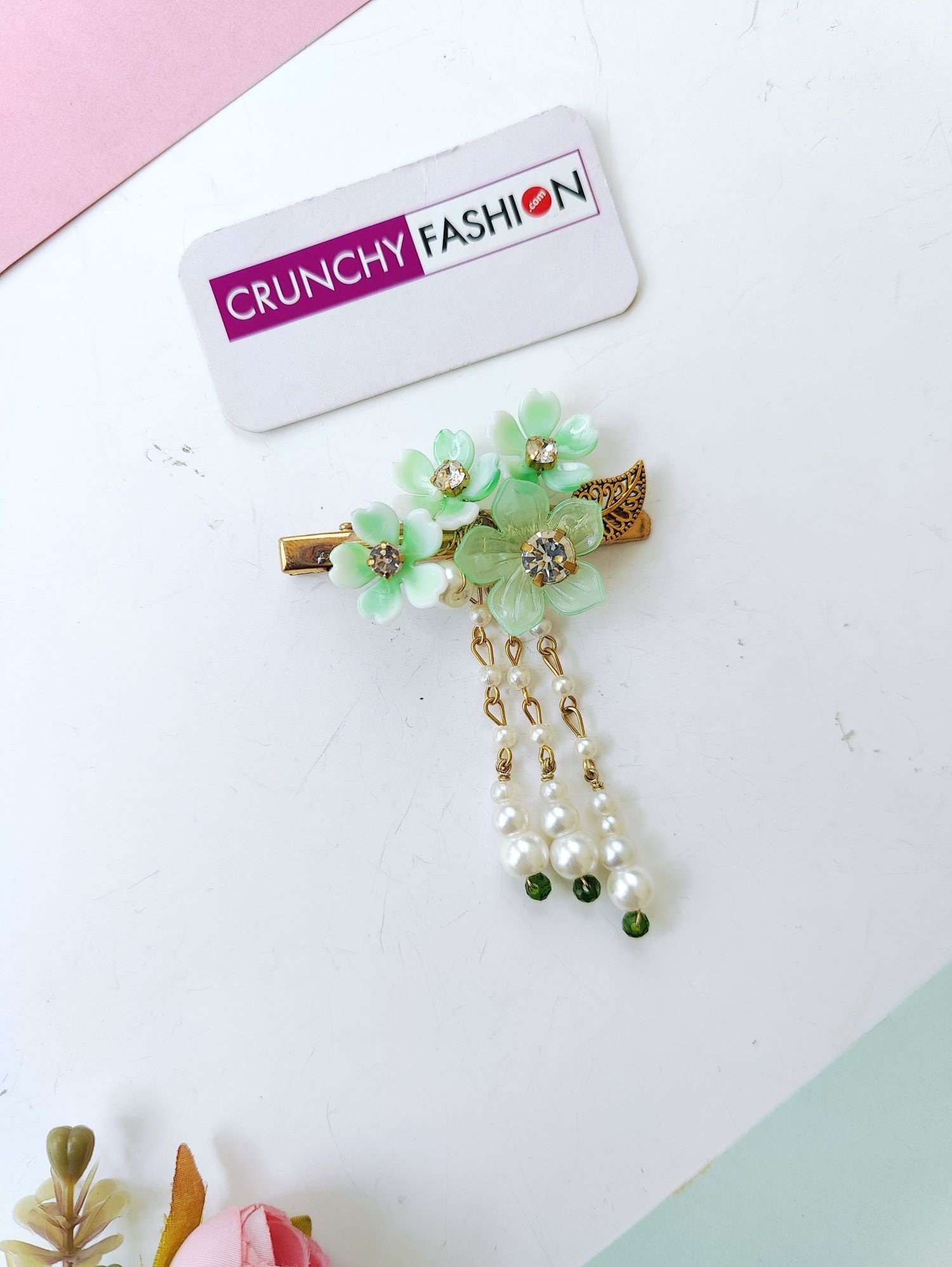 Sea Green Shell & Pearl Floral Hair Clip