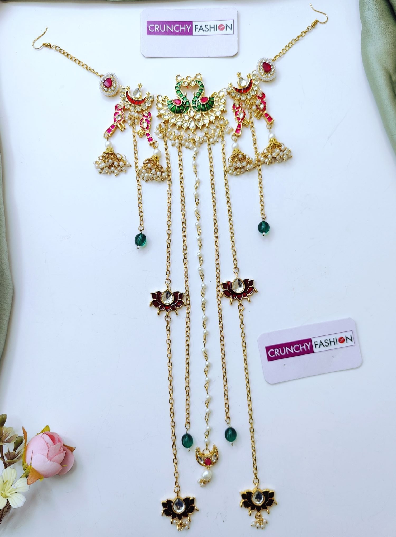 Red Lotus Peacock Meenakari Bridal Hair Accessory