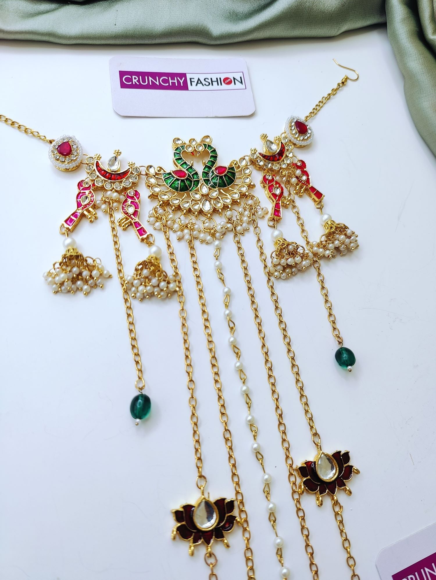 Red Lotus Peacock Meenakari Bridal Hair Accessory