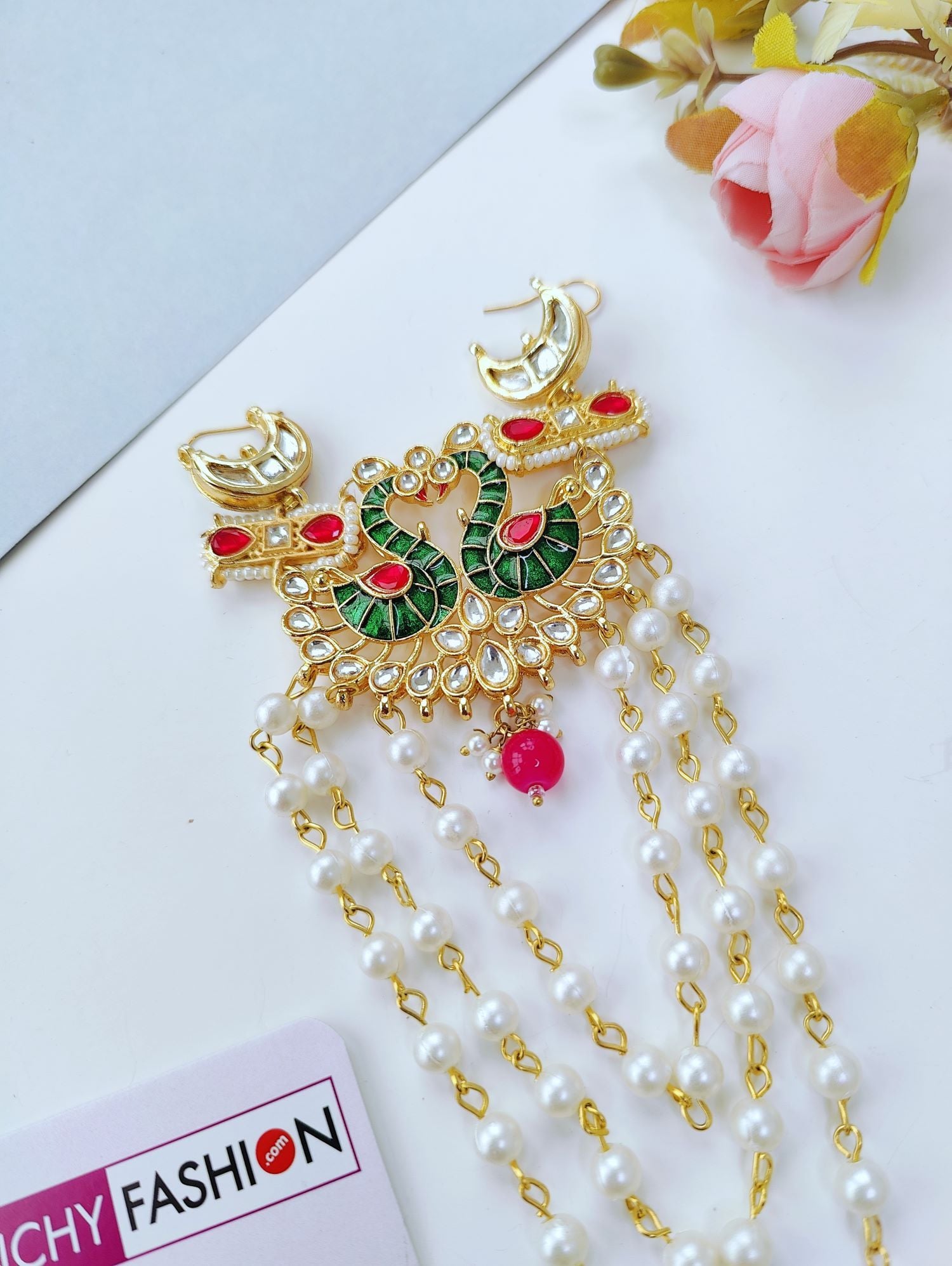 Green Peacock Kundan Hair Accessory for Weddings
