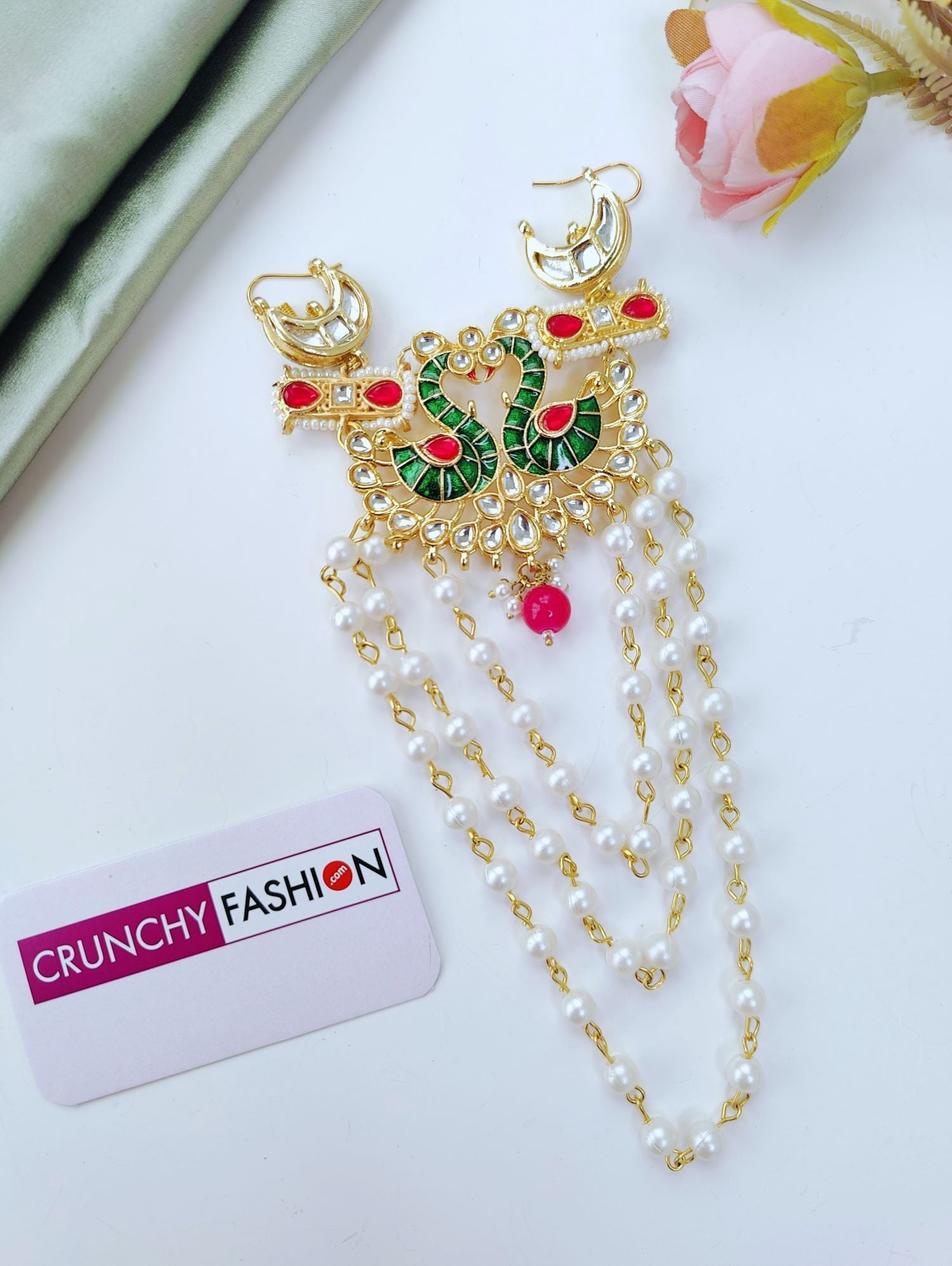 Green Peacock Kundan Hair Accessory for Weddings