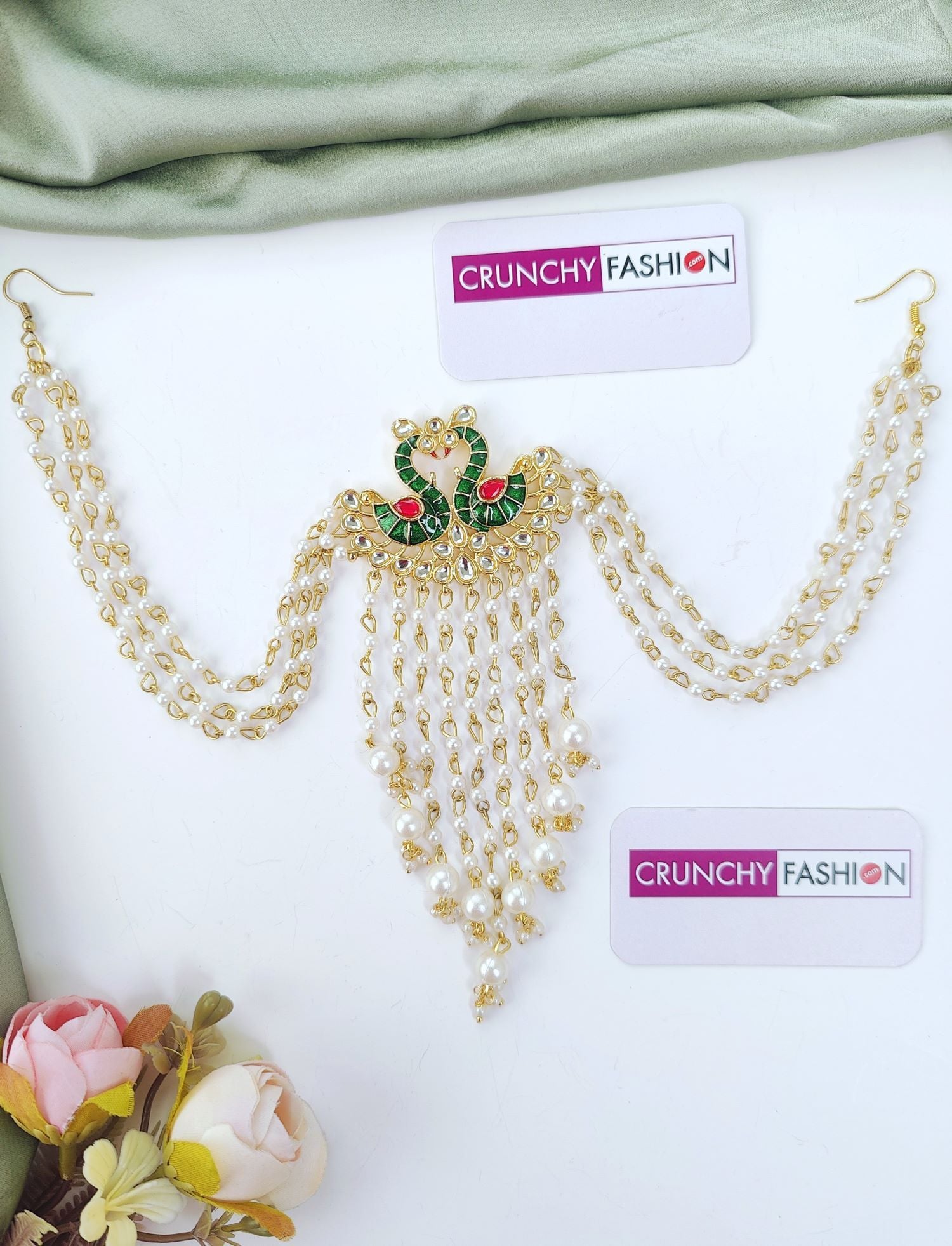 Peacock Kundan Hair Accessory in Green and Pink