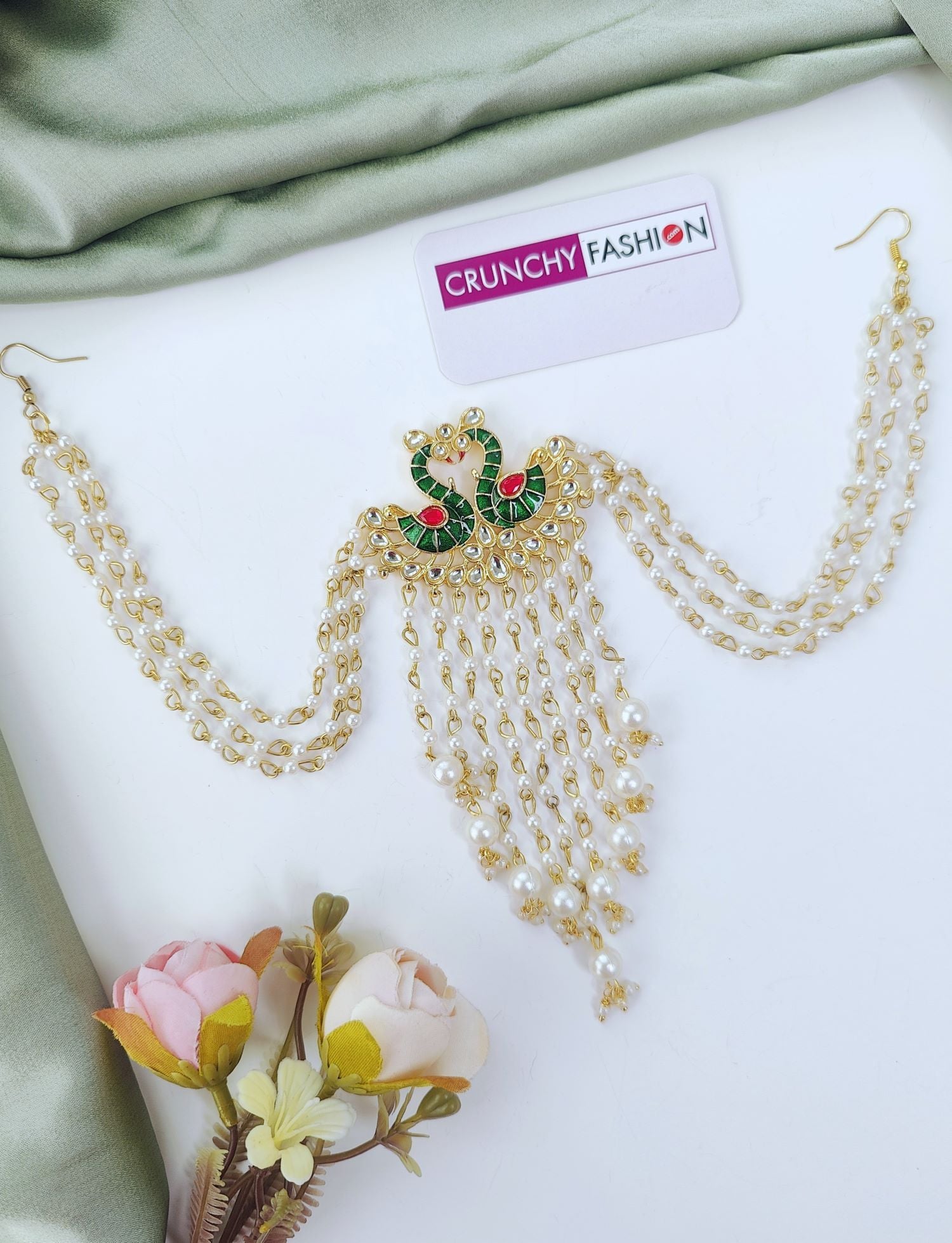 Peacock Kundan Hair Accessory in Green and Pink