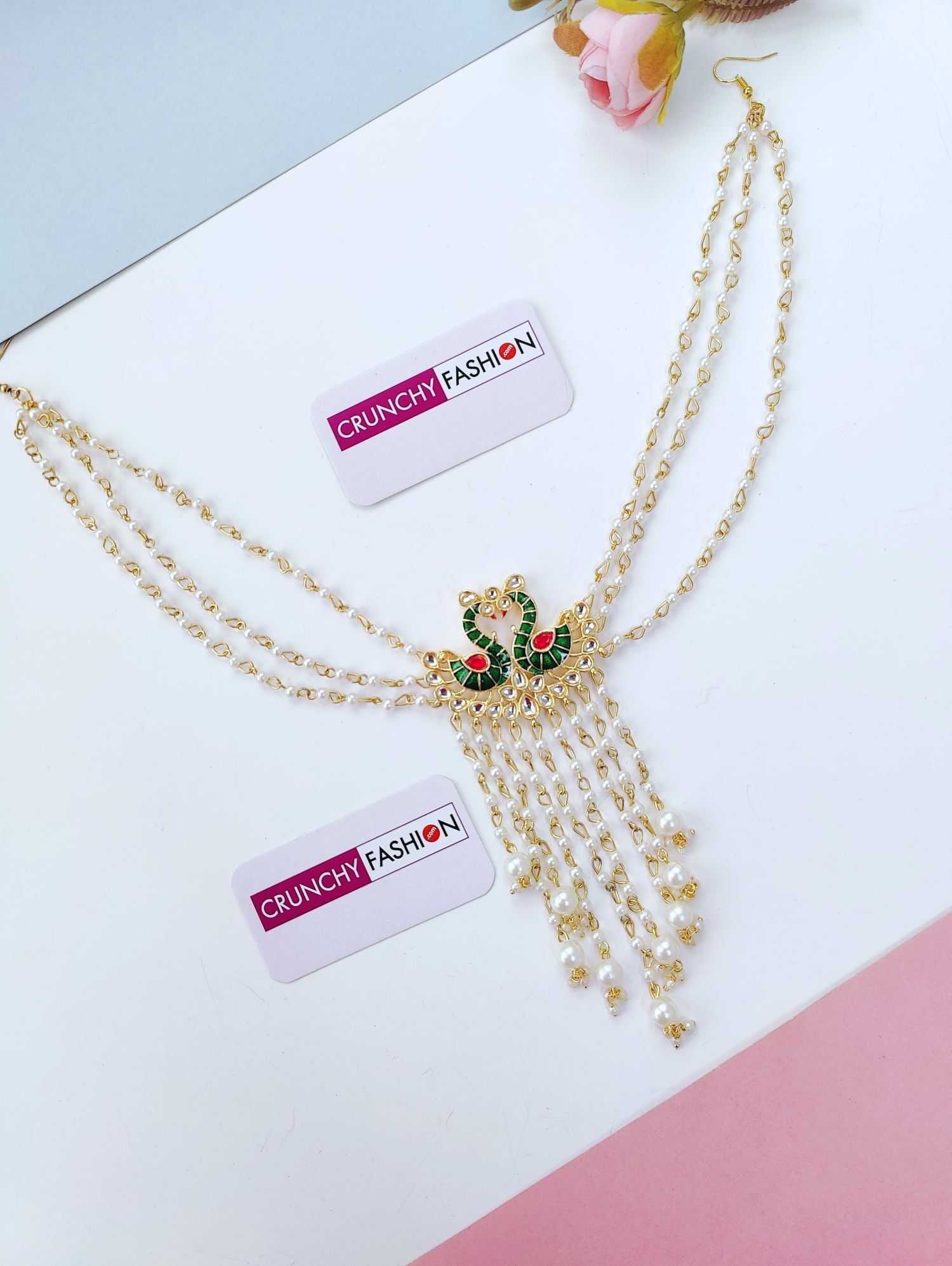 Peacock Kundan Hair Accessory in Green and Pink