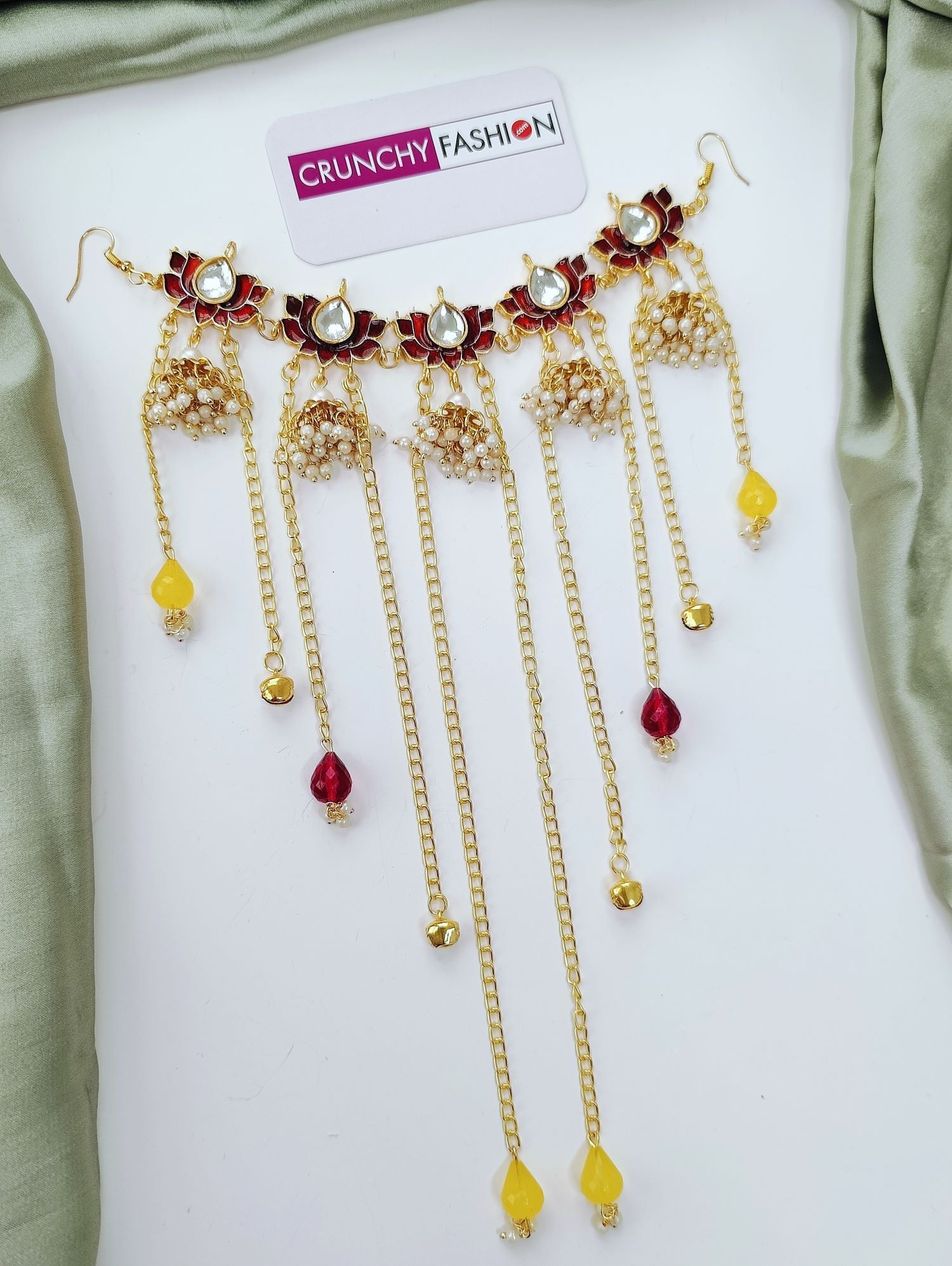 Maroon Lotus Kundan Hair Accessory with Pearls